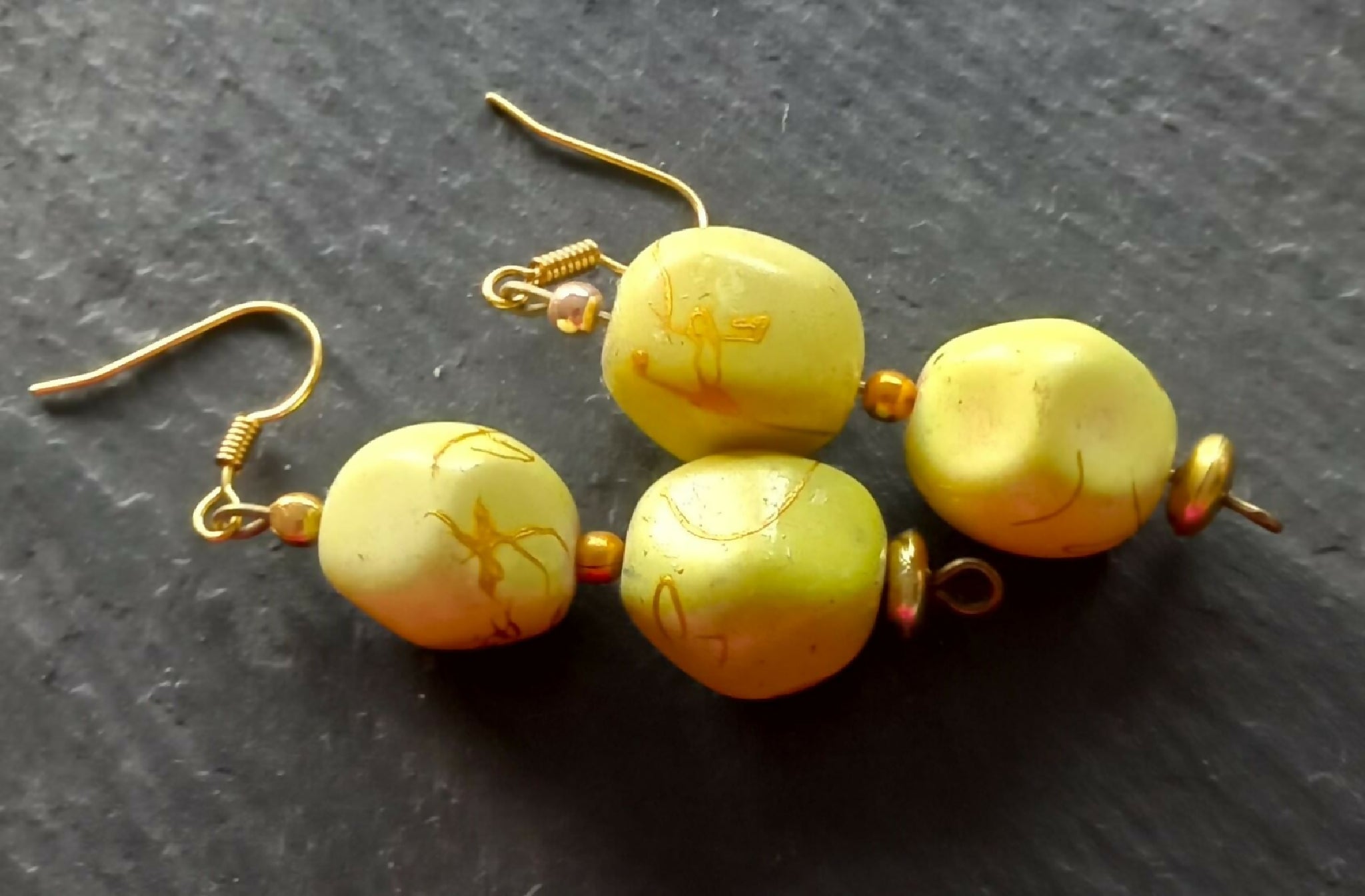 Earrings - Green and Gold Beaded