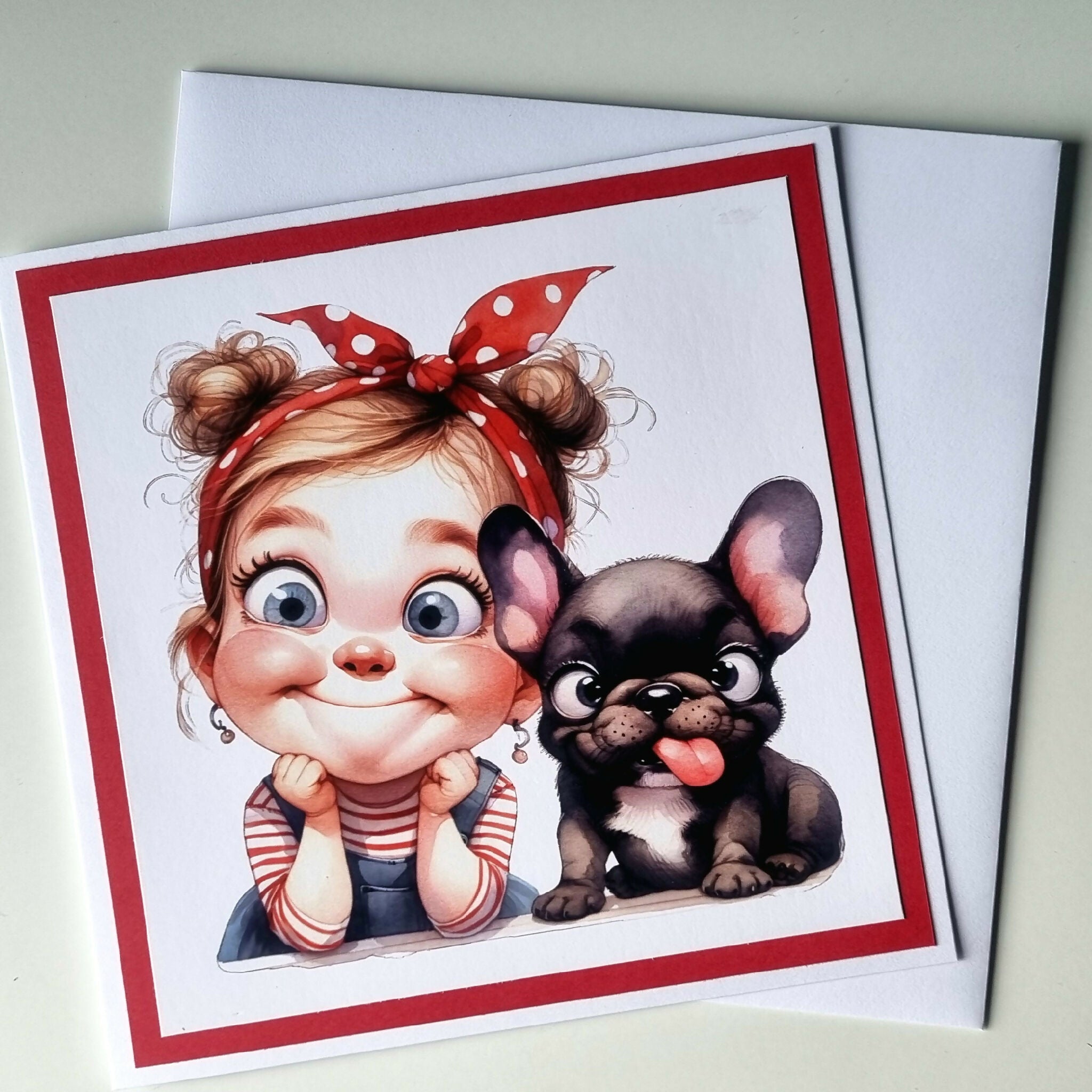 Handmade Card - Cute Girl and Her Frenchie.