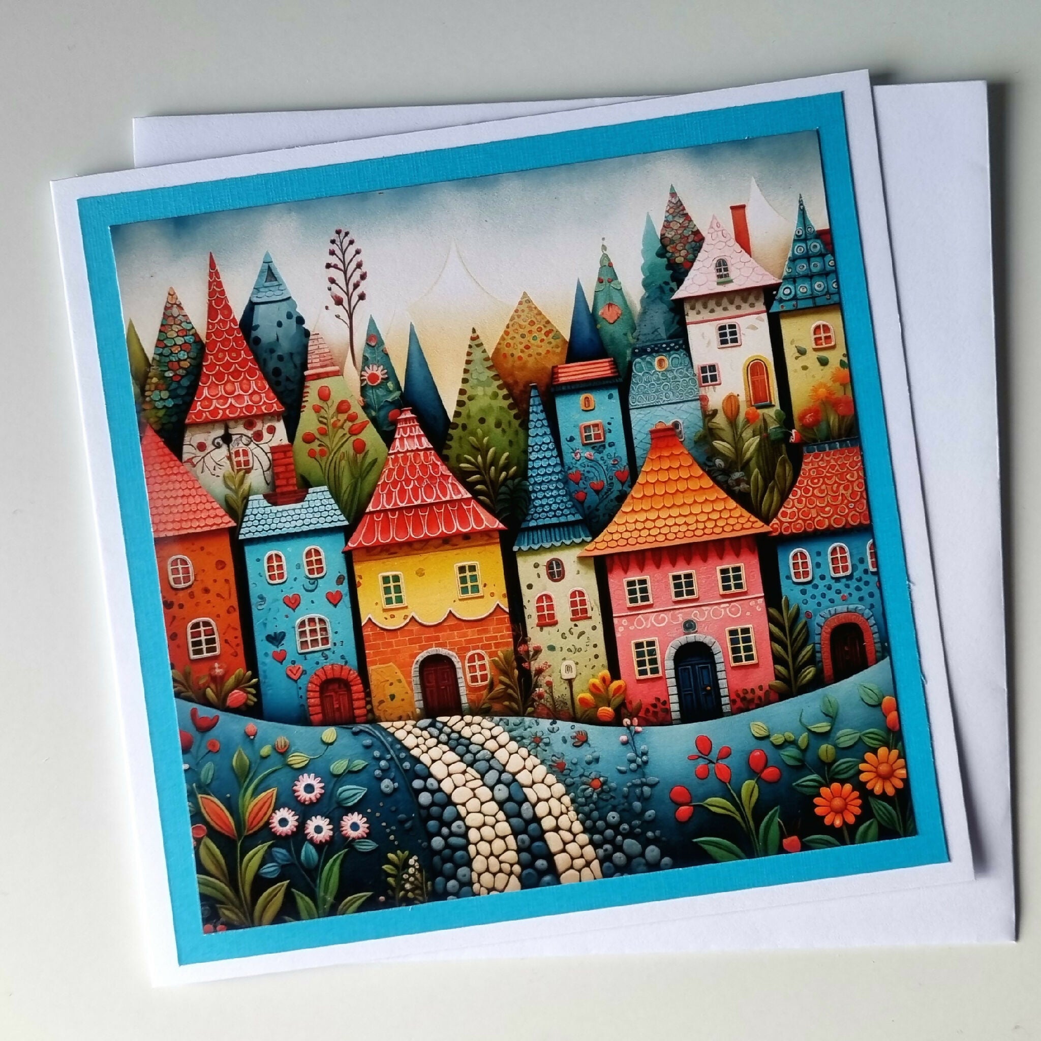 Handmade Card - Coloured Houses.