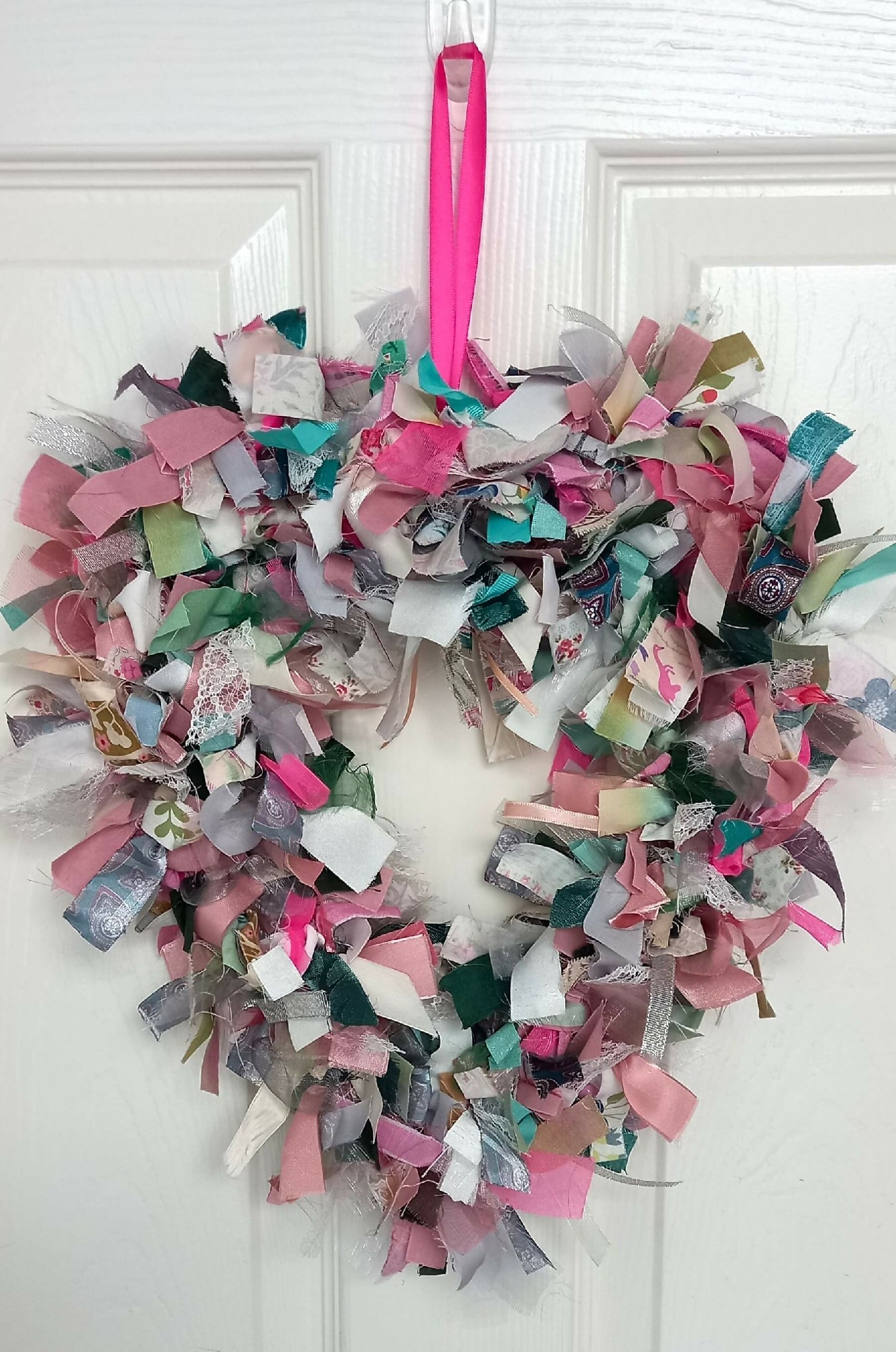 Rag Wreath Heart Shaped in Pinks and Greys