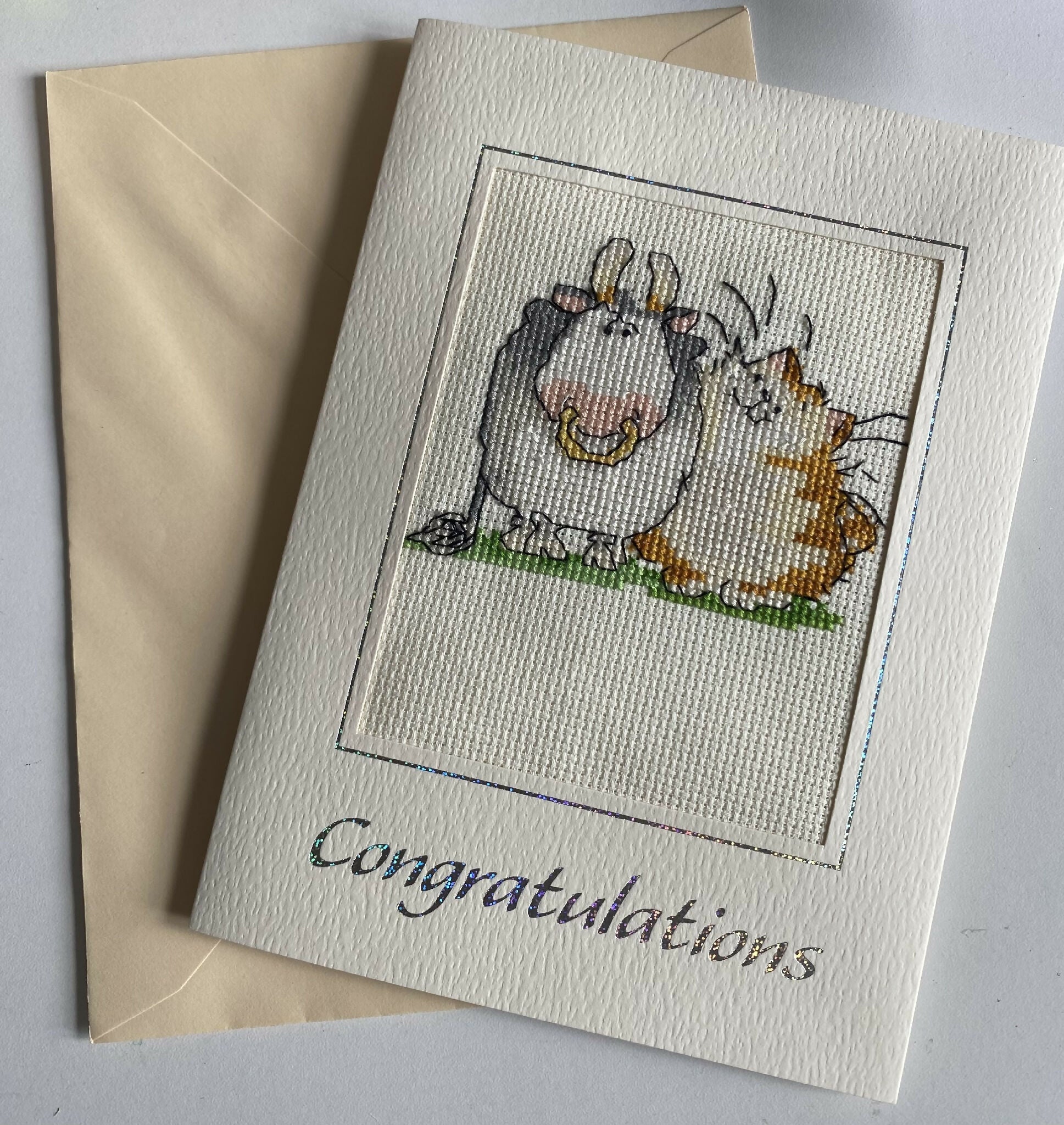 Cross stitch card - cat and bull