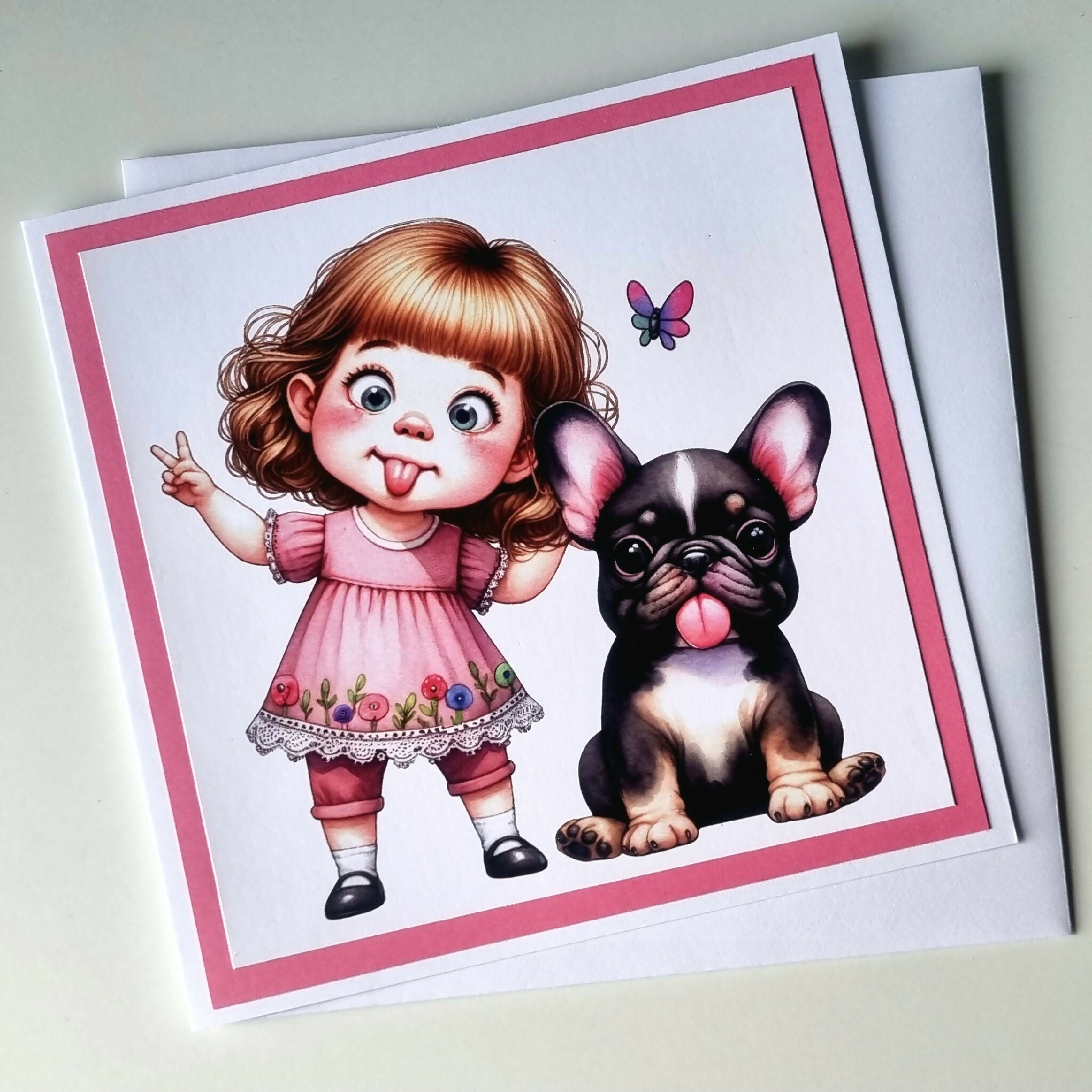 Handmade Card - Cute Girl and Her Frenchie.