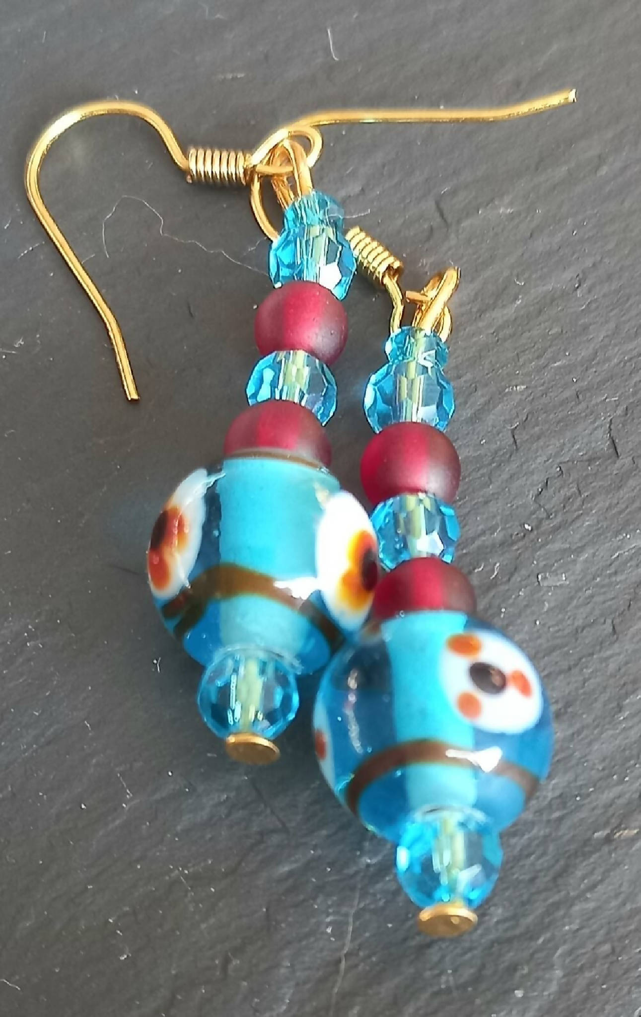 Earrings - Blue Patterned Glass Beads with Red and Blue Crystals