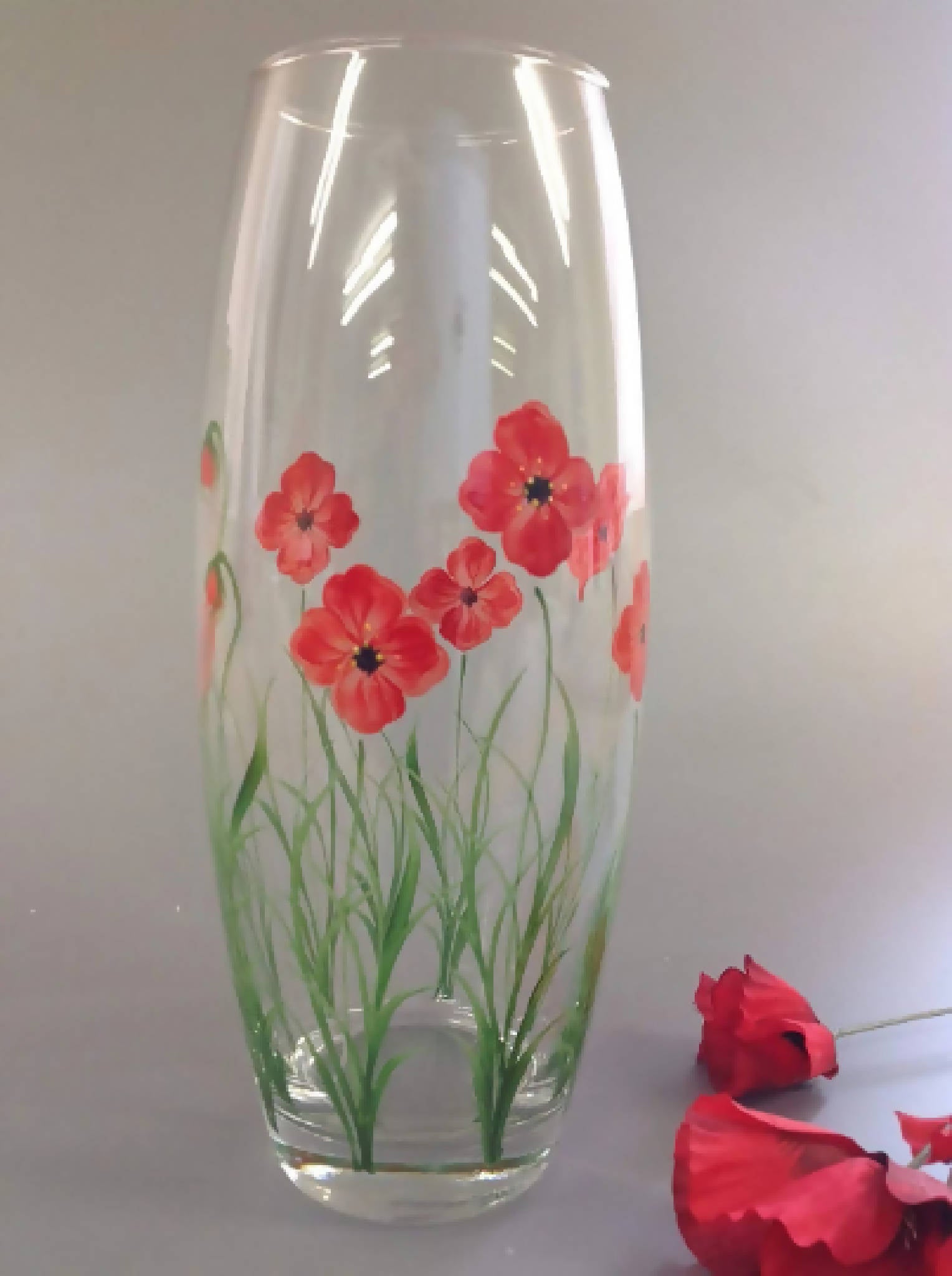 Hand Painted Large Barrel Vase Red Poppy Design