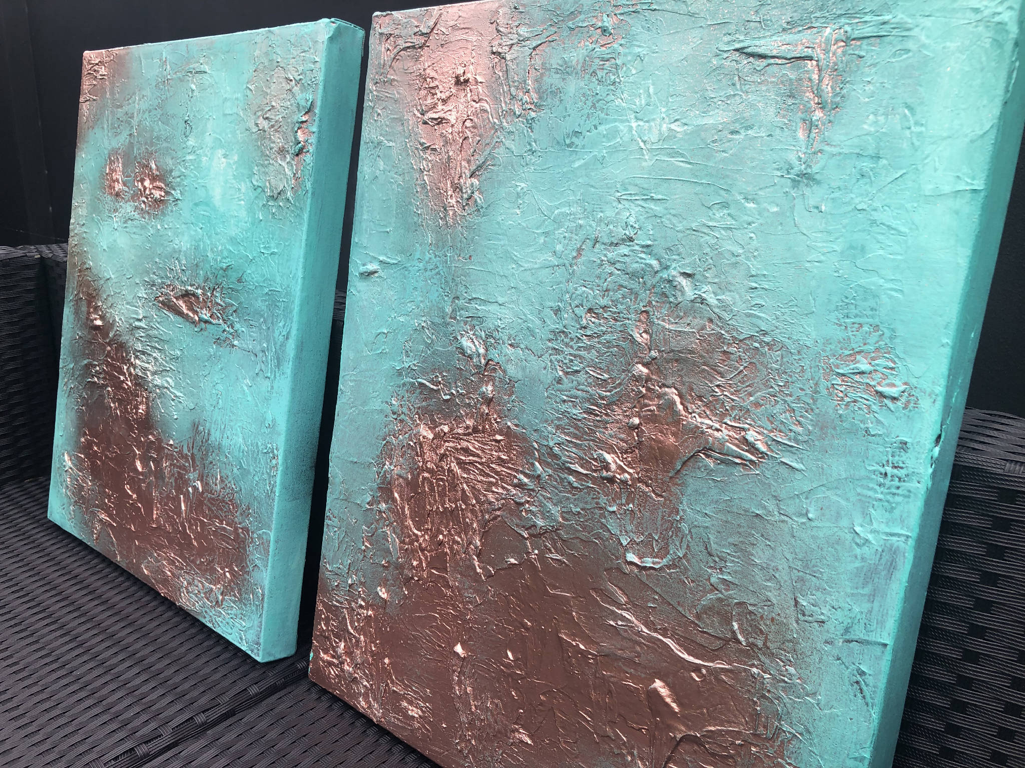 DELUXE PATINA - Pair of heavily textured copper patina canvases (97x56x4cm)