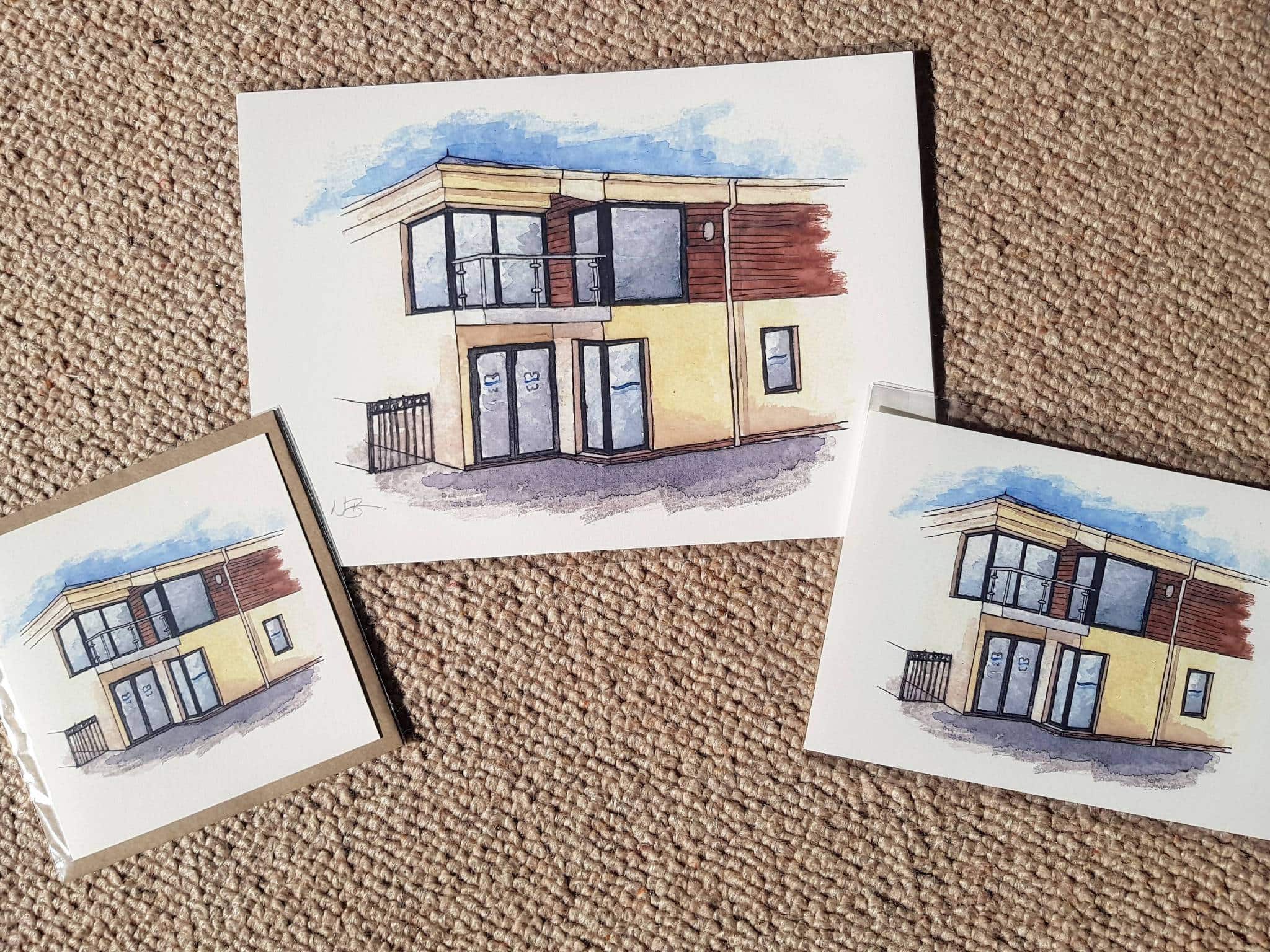 Custom hand-painted watercolour original, prints, or cards of your house, A5, A4 prints