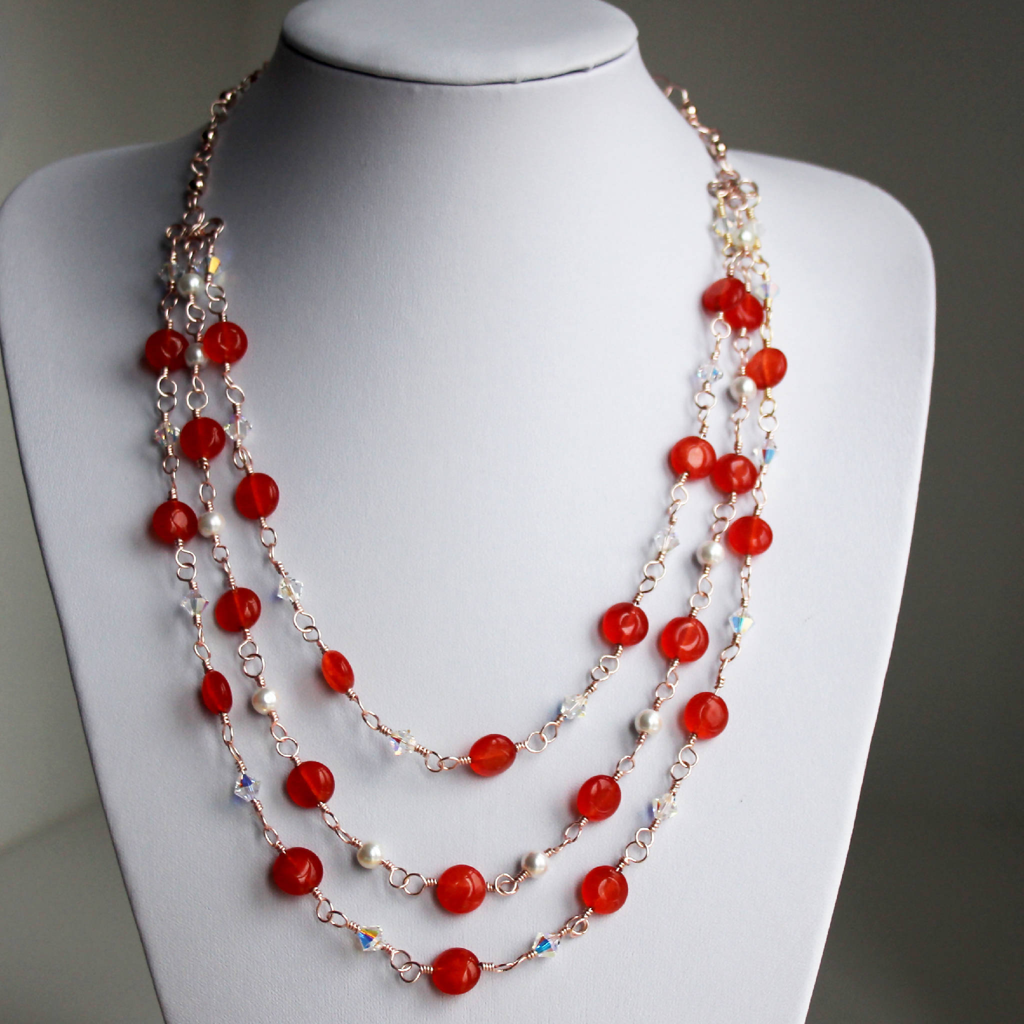 Red Orange Agate Gemstone & Swarovski Crystal Necklace (205)