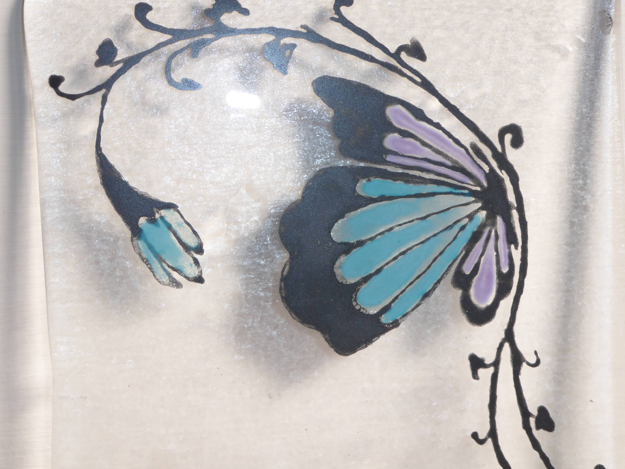 Fused Glass Plate / Trivet - Butterfly on leaf Design