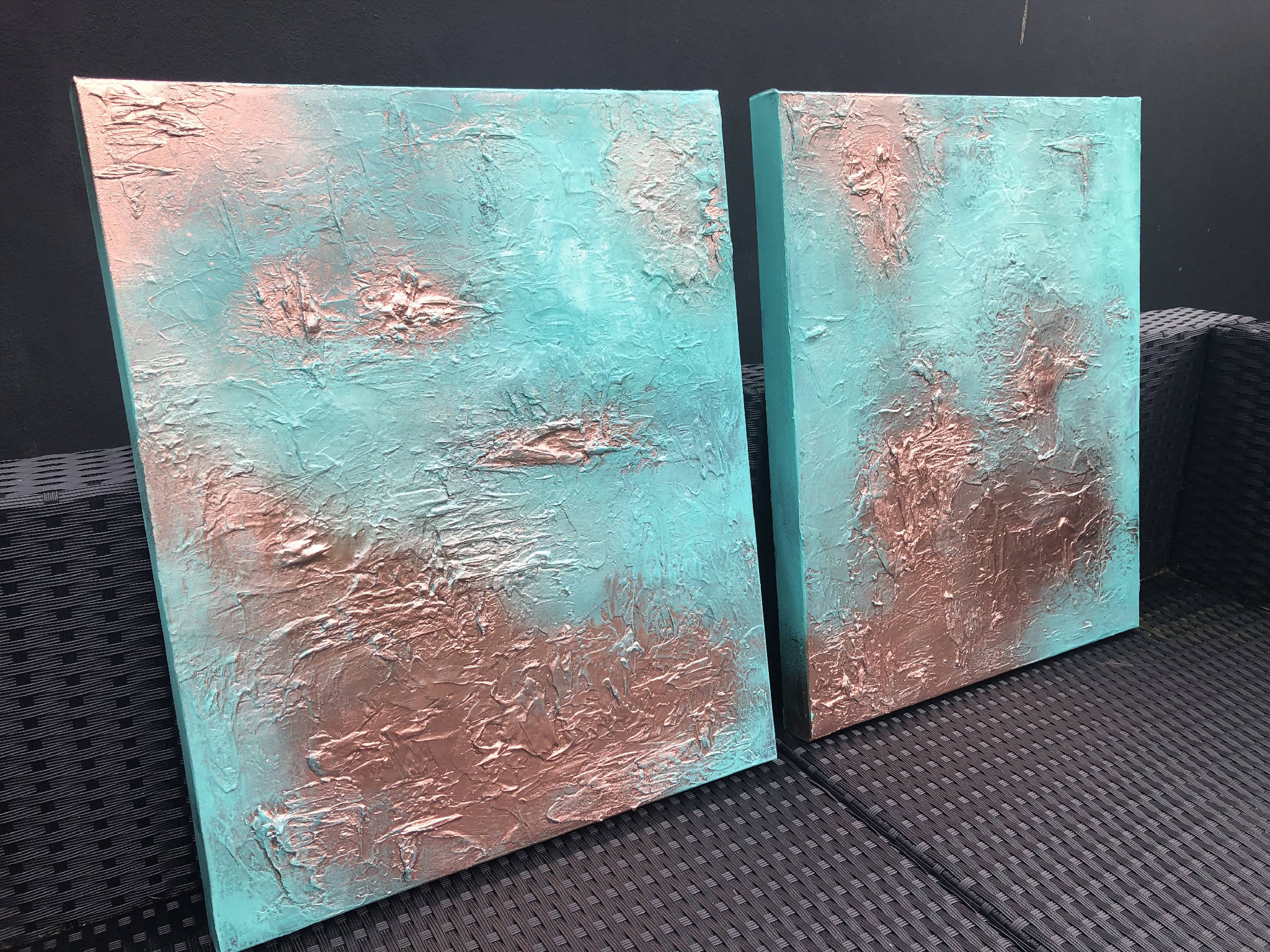 DELUXE PATINA - Pair of heavily textured copper patina canvases (97x56x4cm)