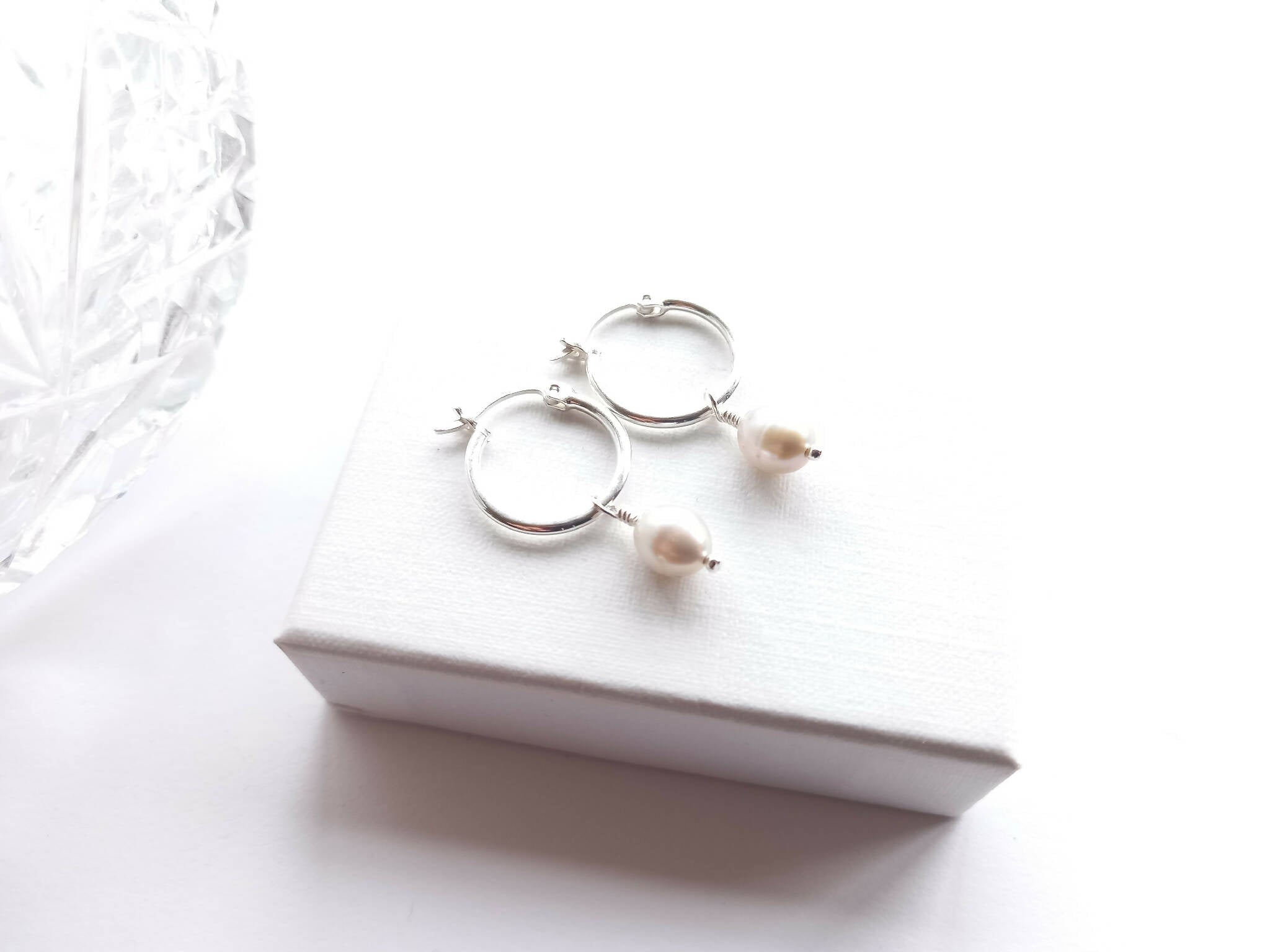 Silver white pearl hoop earrings