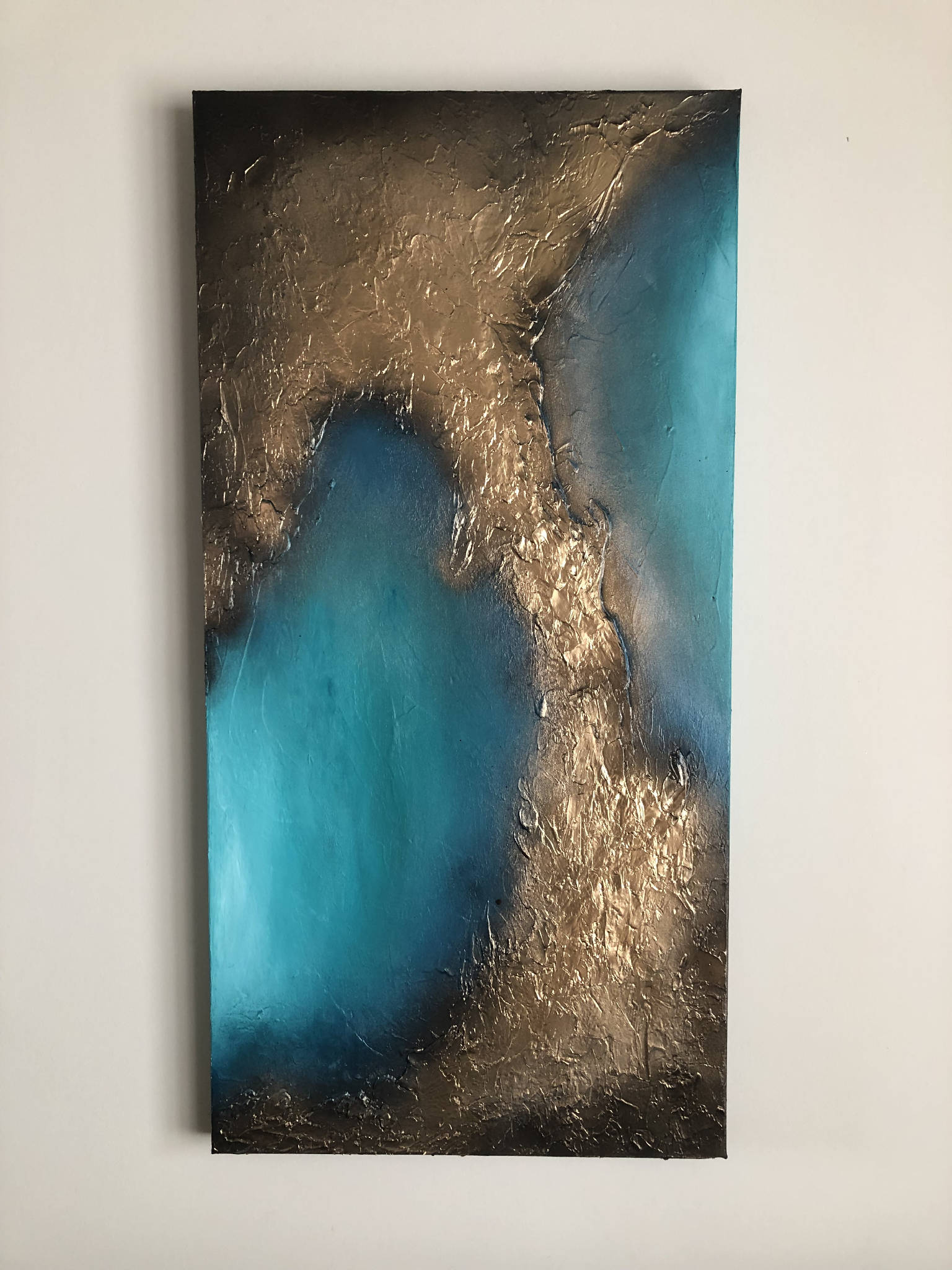 COASTAL BLISS - Striking gold and turquoise mixed media canvas (100x50x4cm)