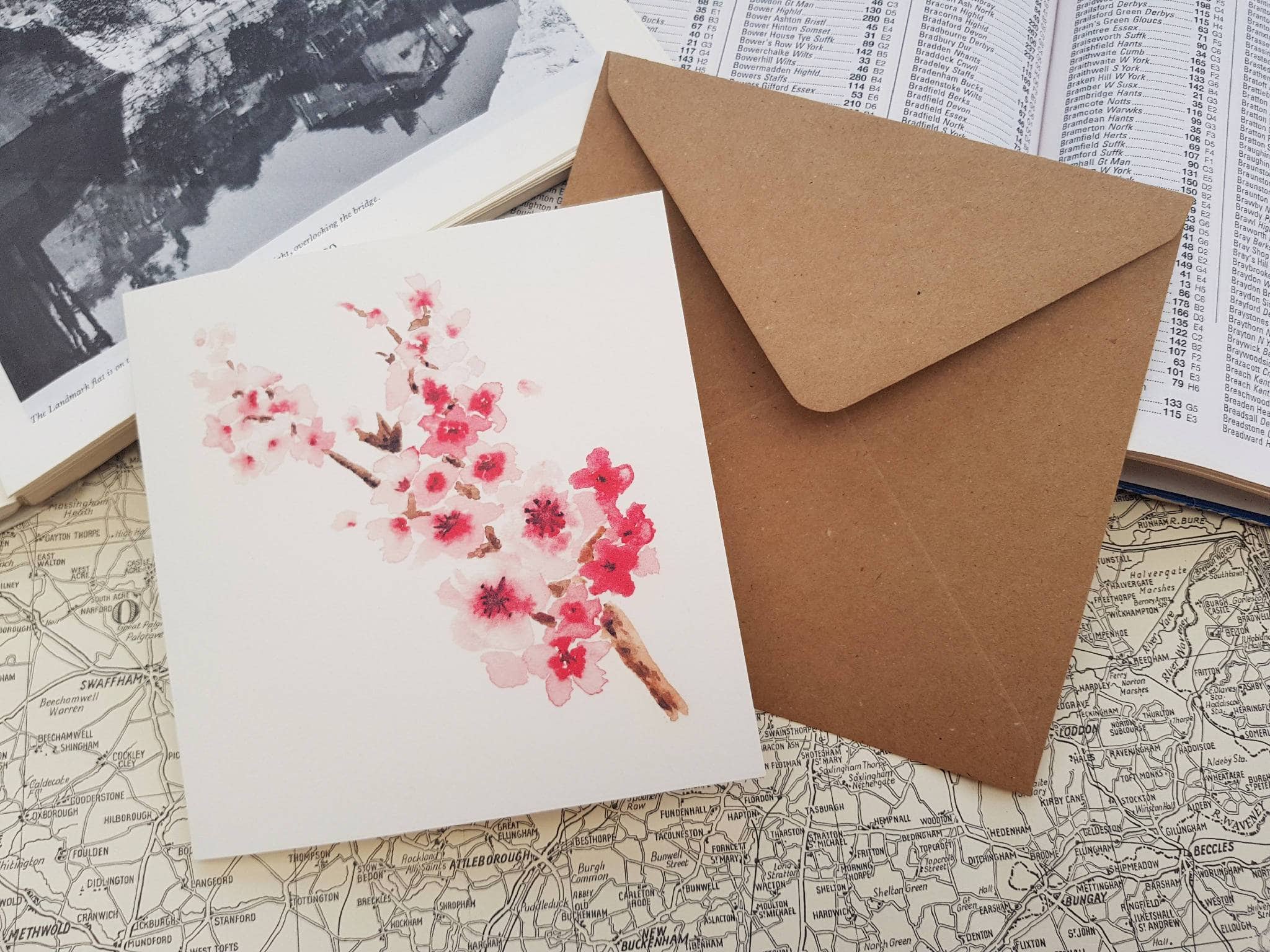 Greetings card of watercolour print of cherry blossom branches