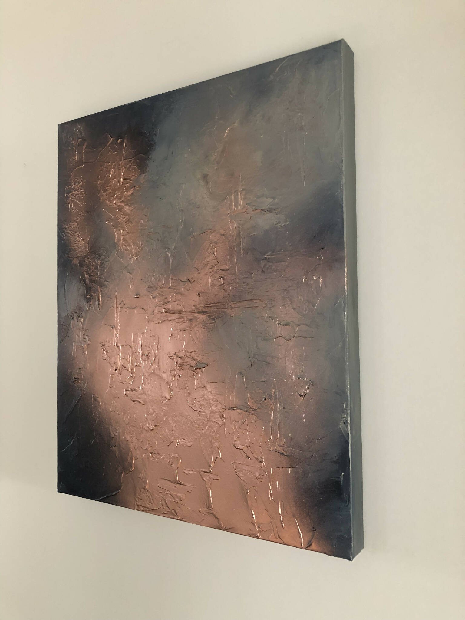 CONTEMPORARY PATINA - Navy, grey, cream and metallic copper textured art (92 x 56 x 4cm)