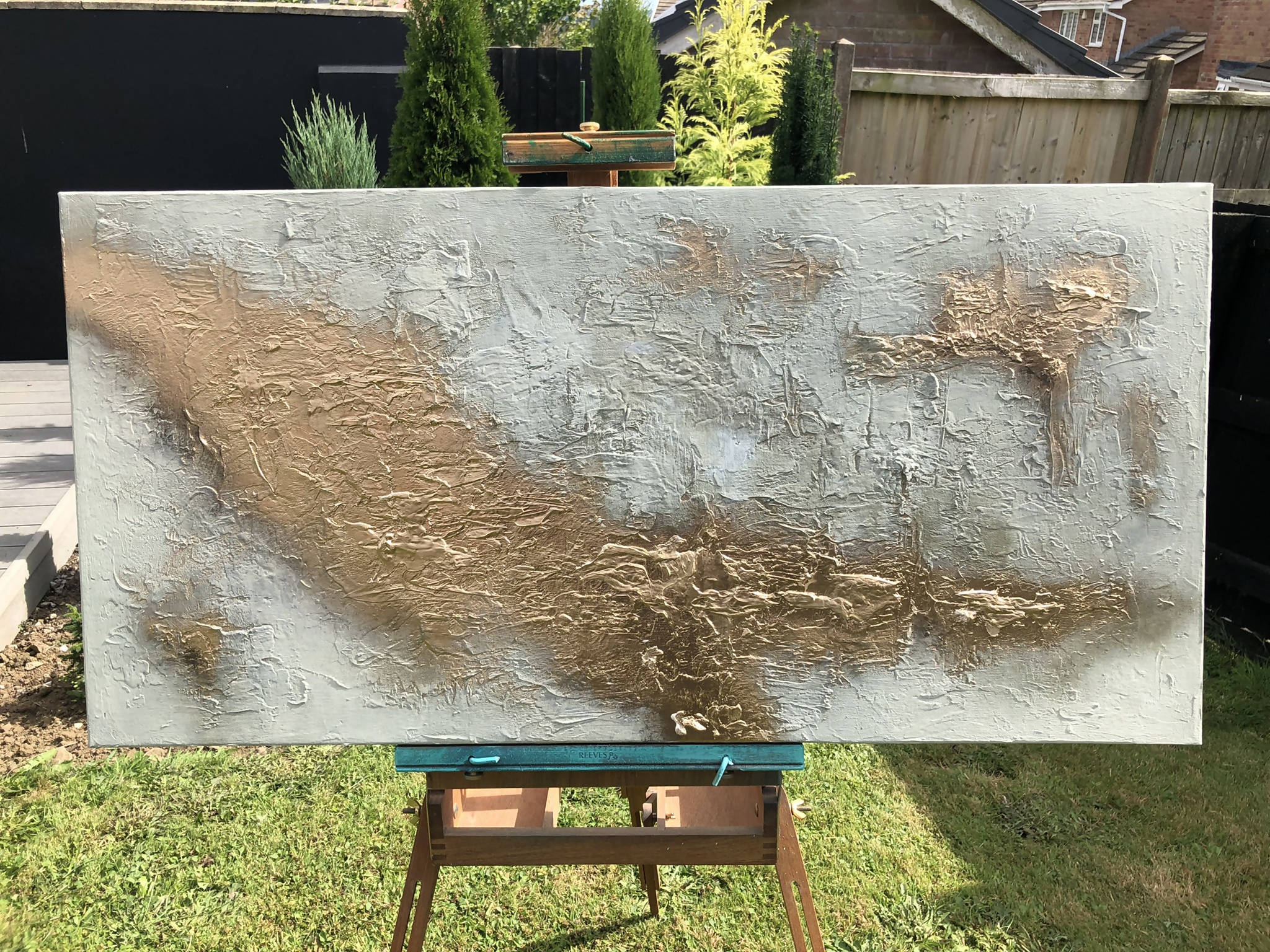 HALCYON - Striking mixed media textured art canvas in cream, soft grey and metallic gold (100x50x4cm)