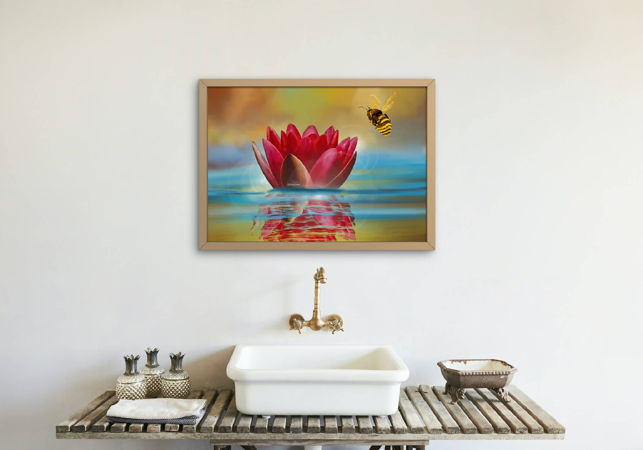 Waterlily and Bee Ocean Reflection | Digital Art Print | Midnight Halloween Decoration | Christmas Gift Ideas