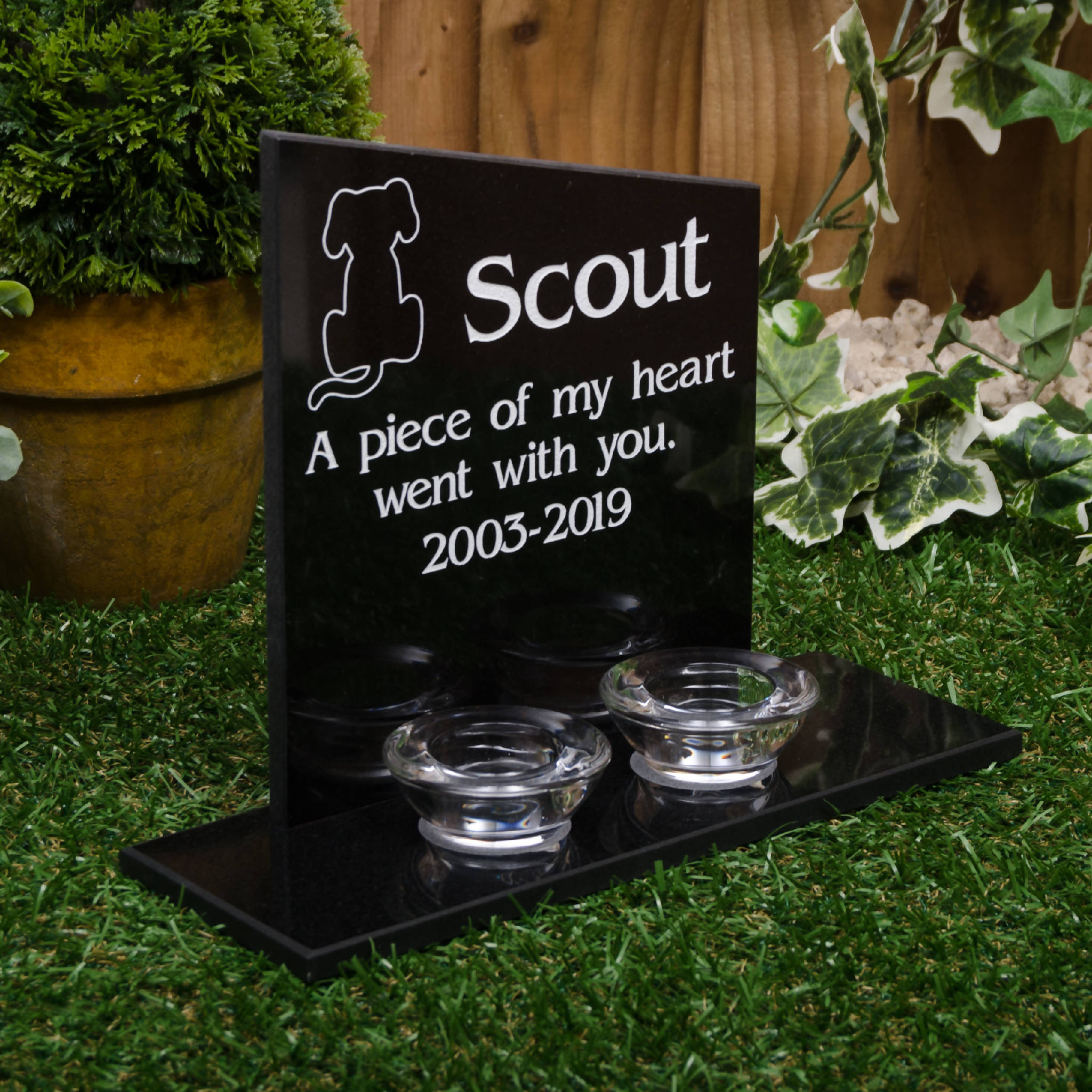 Personalised Memorial Granite Headstone On Plinth With Tea Light Holders.