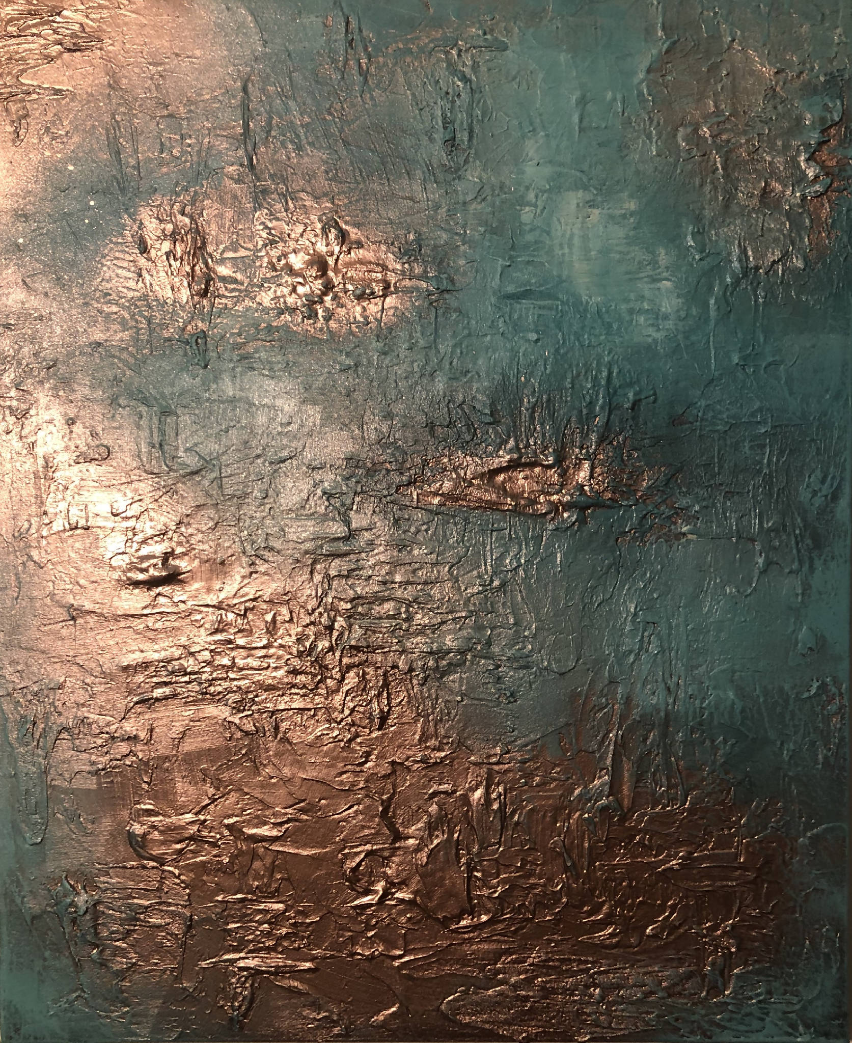 DELUXE PATINA - Pair of heavily textured copper patina canvases (97x56x4cm)