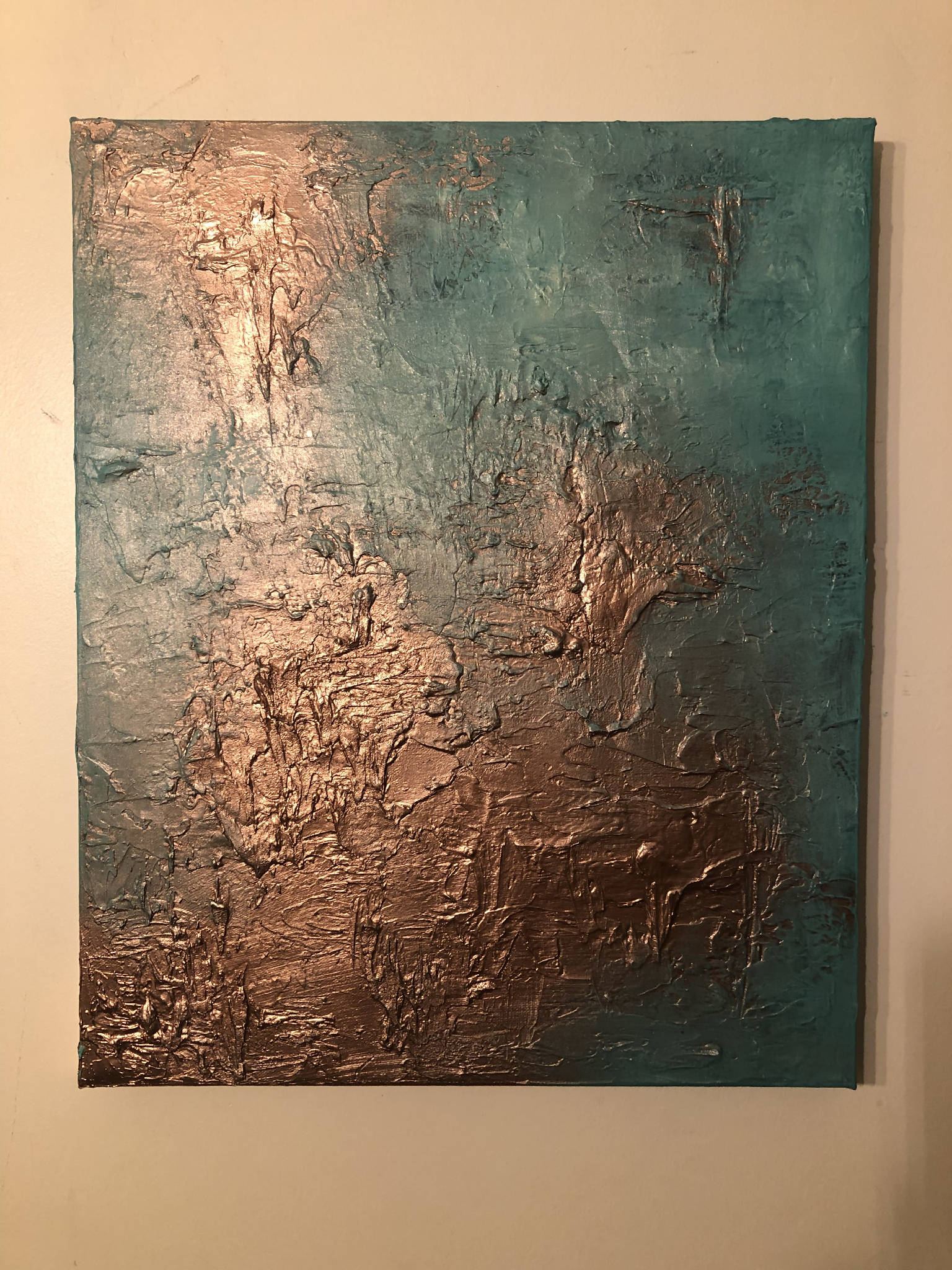 DELUXE PATINA - Pair of heavily textured copper patina canvases (97x56x4cm)