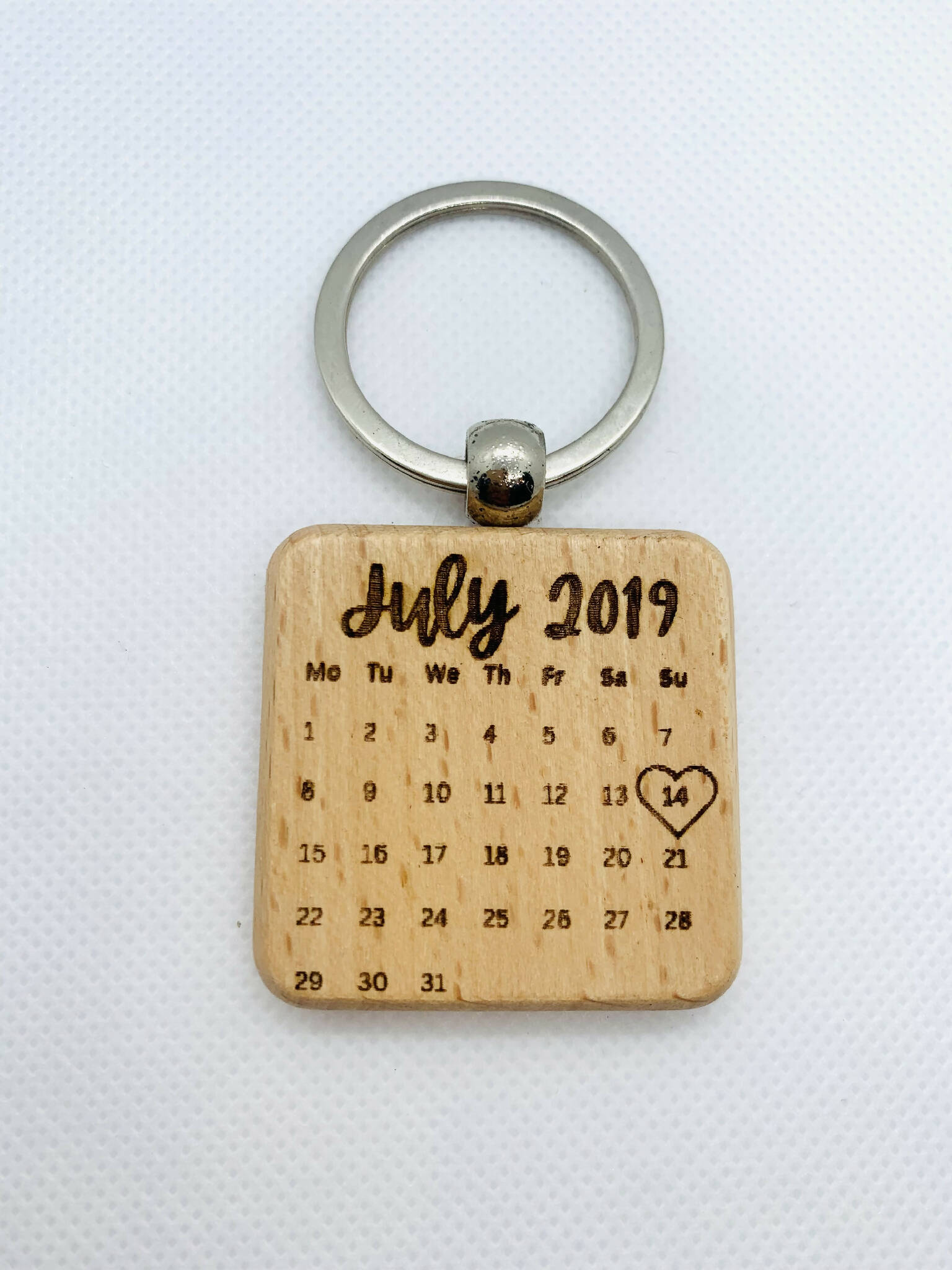 Custom anniversary occasion calendar keyring engraved wood