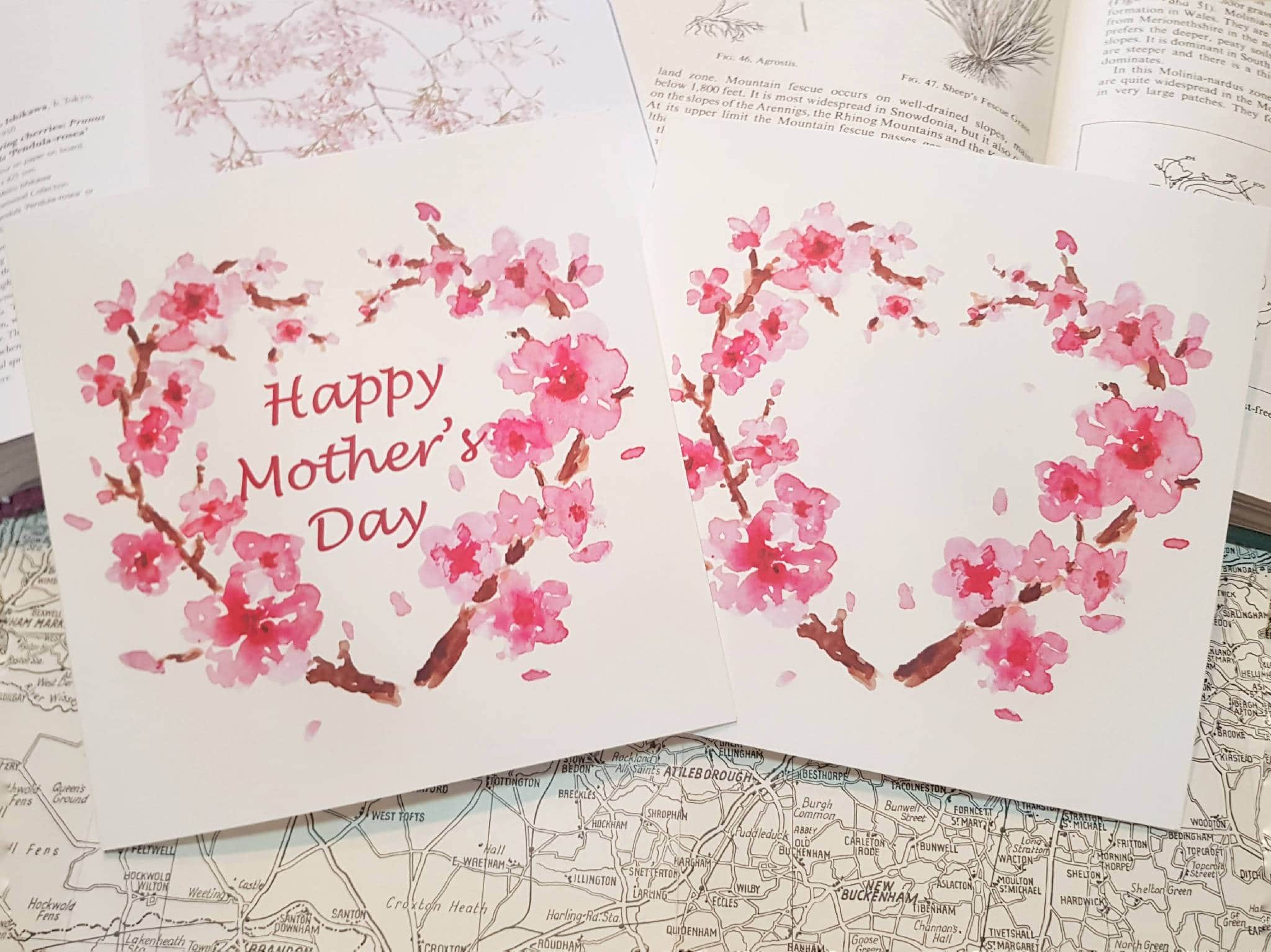 Mother's Day card of watercolour print of a cherry blossom heart