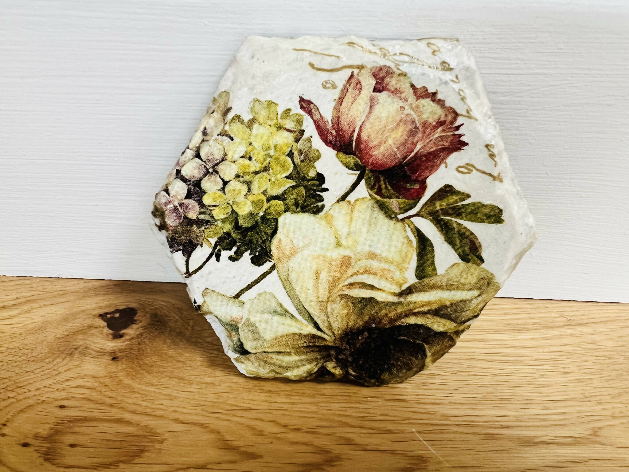 Floral decoupaged slate hexagonal coaster