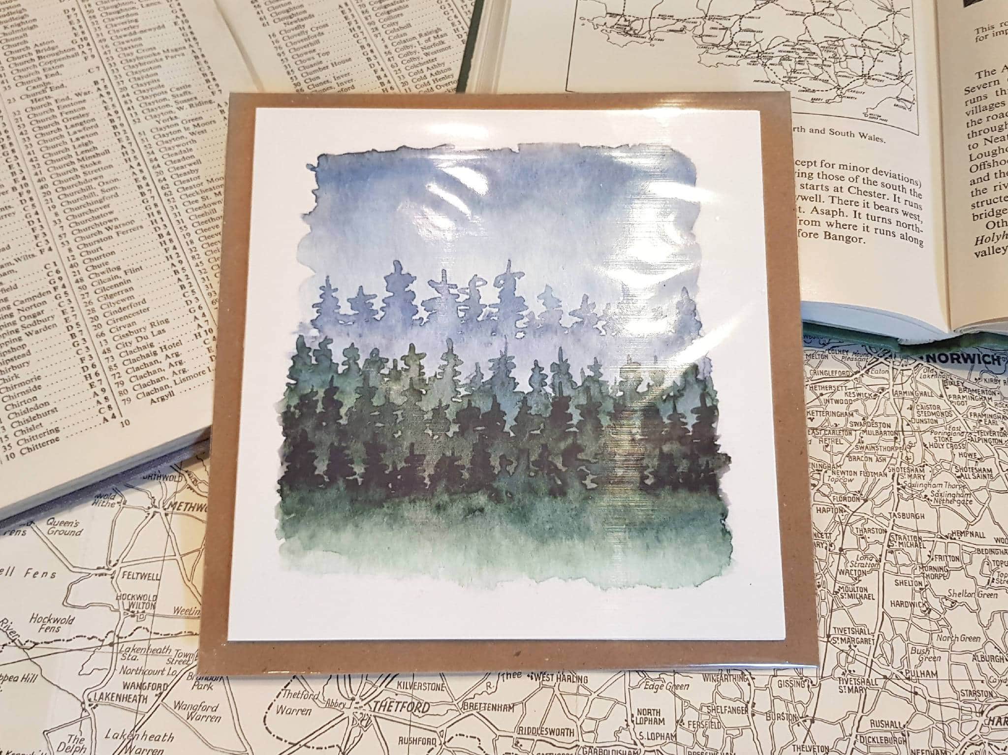 Greetings card of watercolour print of a winter forest