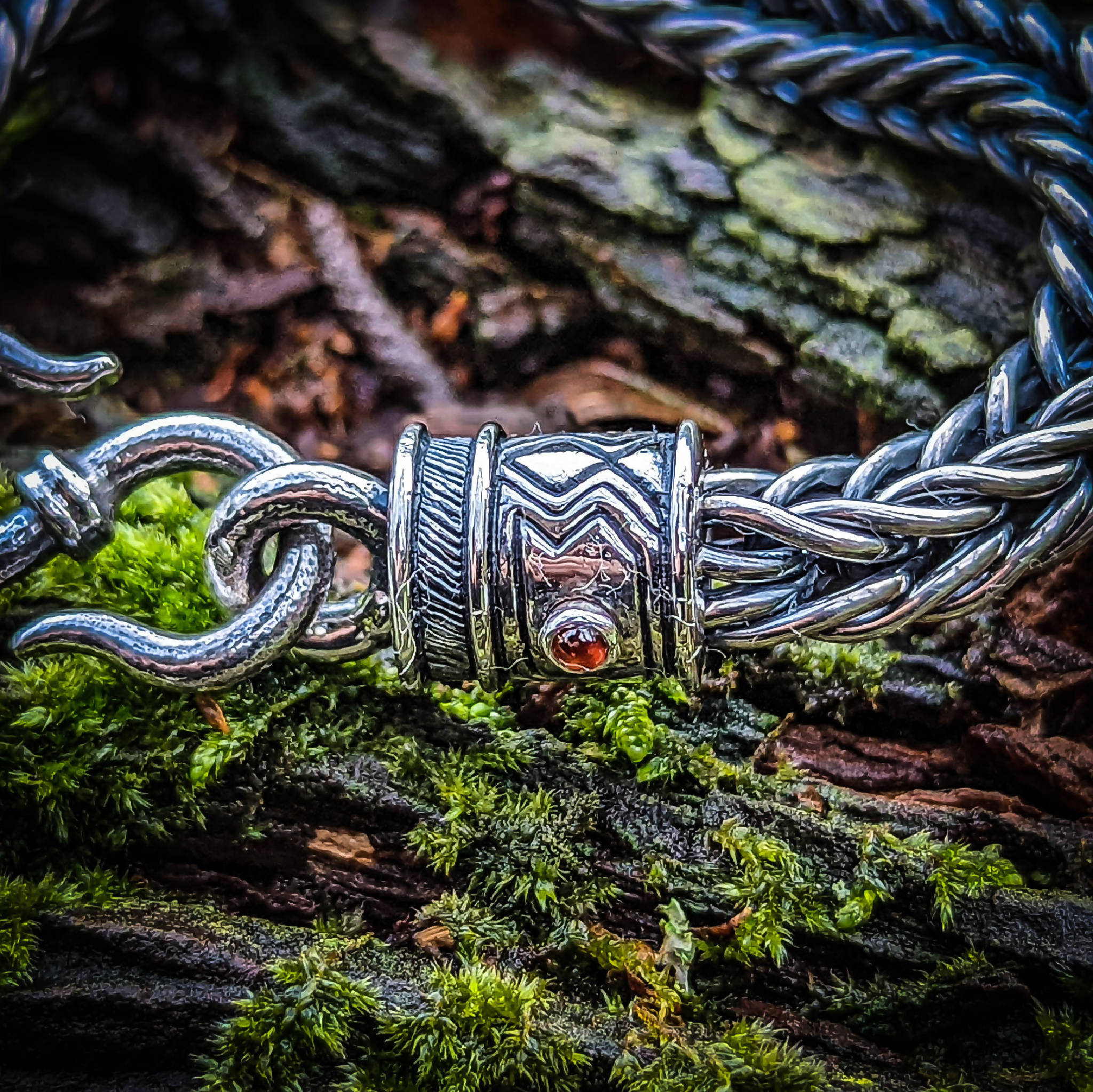 Sterling Silver Viking Foxtail Chain Bracelet With Bezel Set Garnets