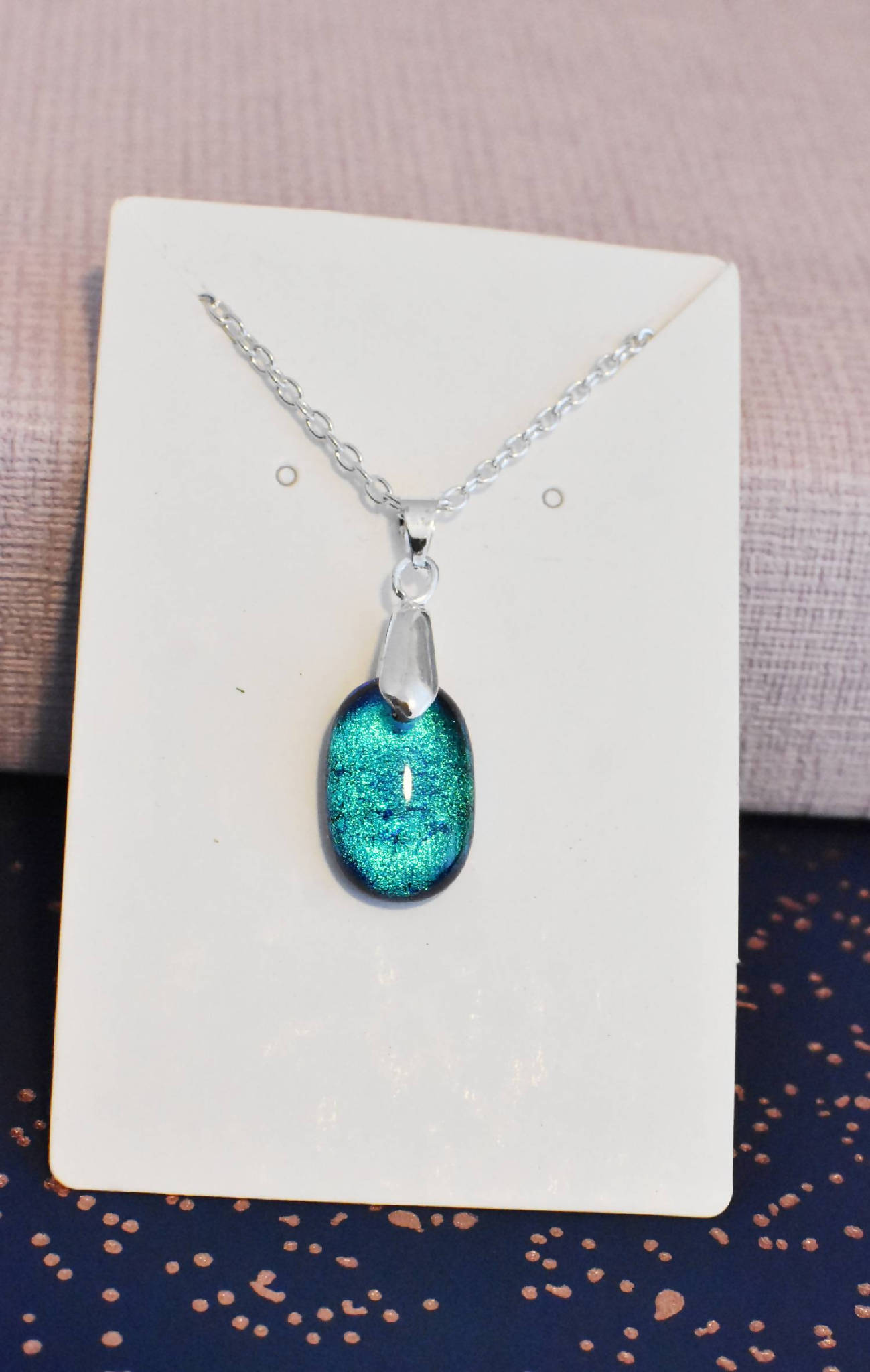 Sparkly Iridescent Blue Glass Pendant and Silver Plated Chain. Handmade Jewellery Gift