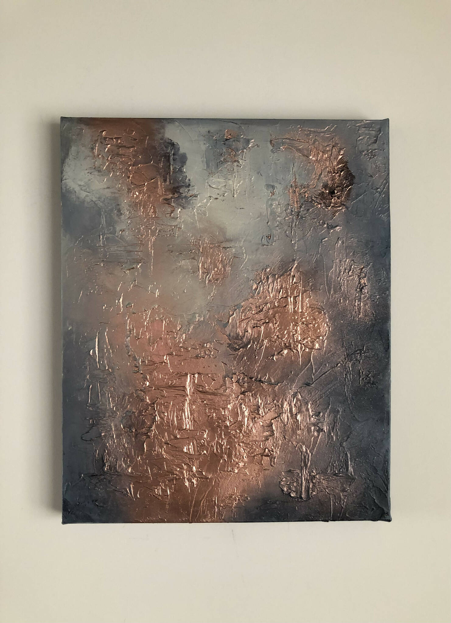 CONTEMPORARY PATINA - Navy, grey, cream and metallic copper textured art (92 x 56 x 4cm)