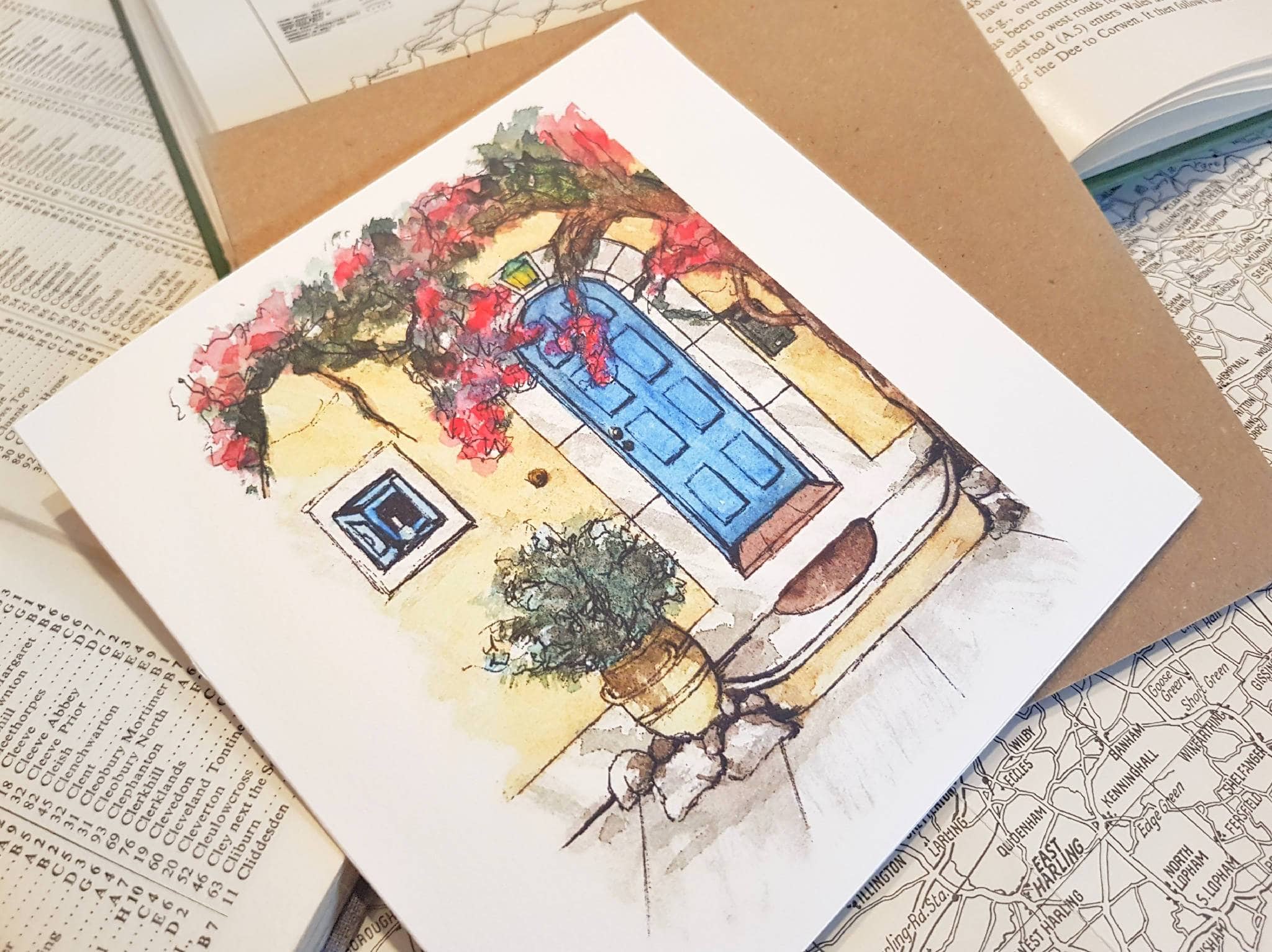 Greetings card of watercolour print of a blue door