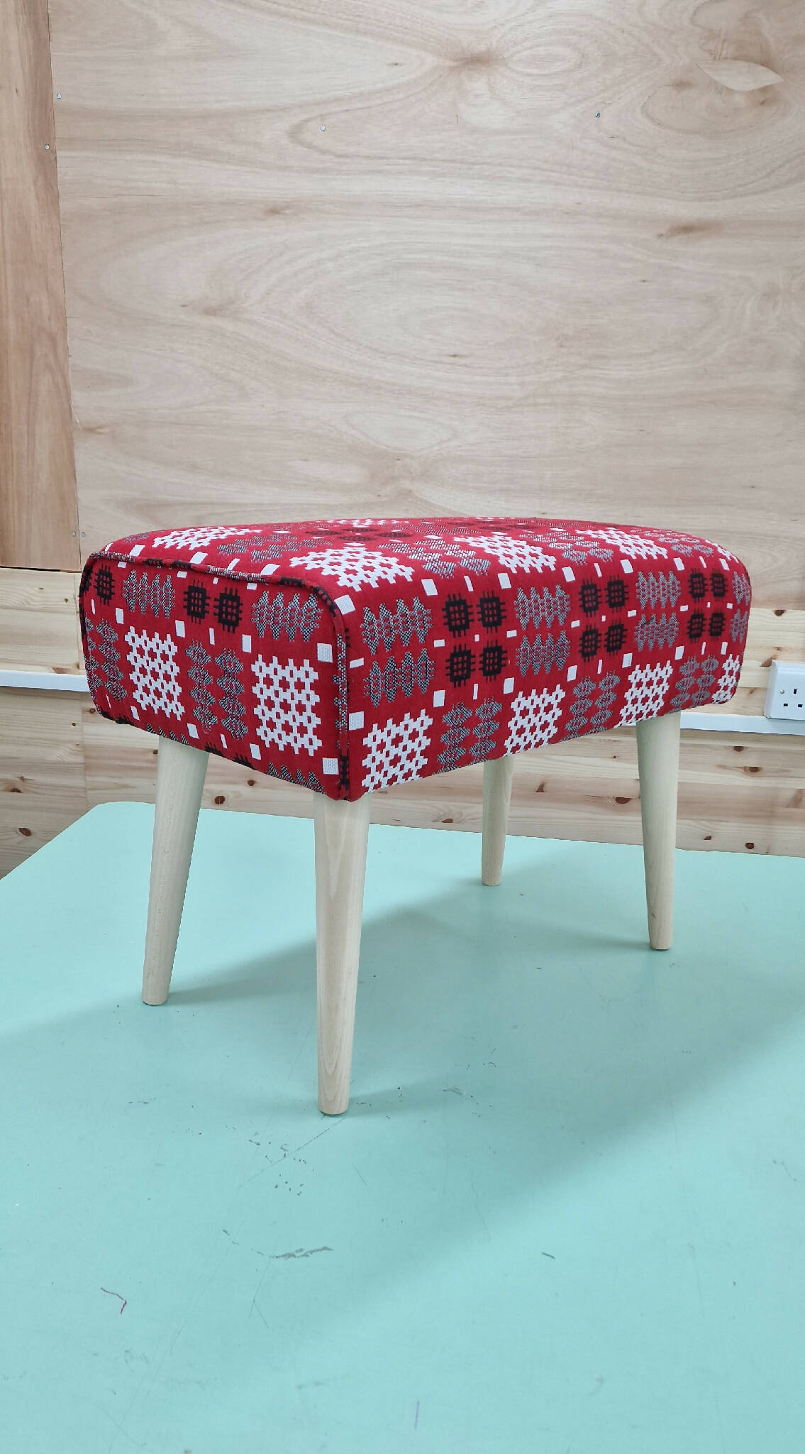 Red Welsh Tapestry woven fabric designed stool handmade