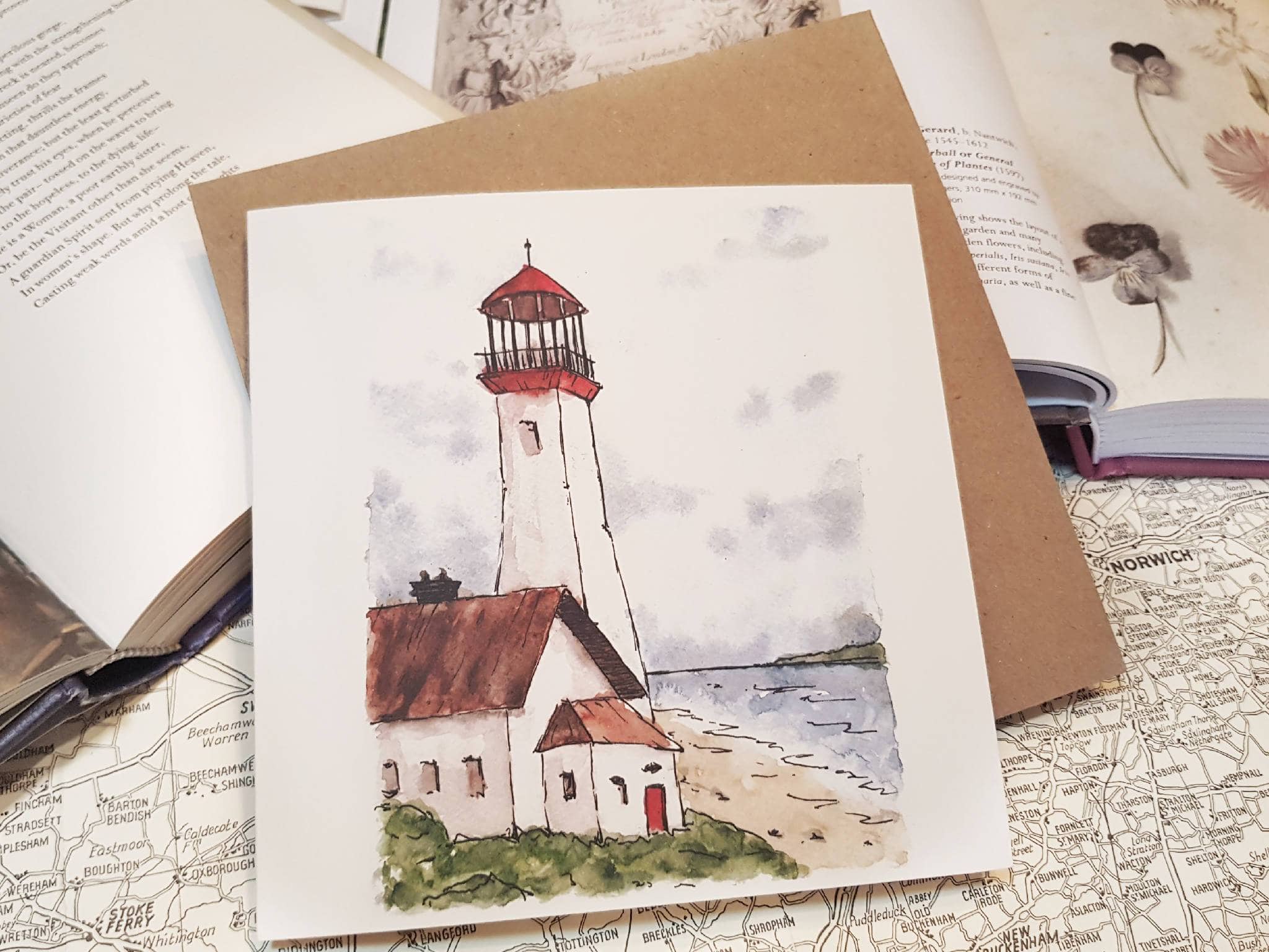 Greetings card of watercolour print of a lighthouse