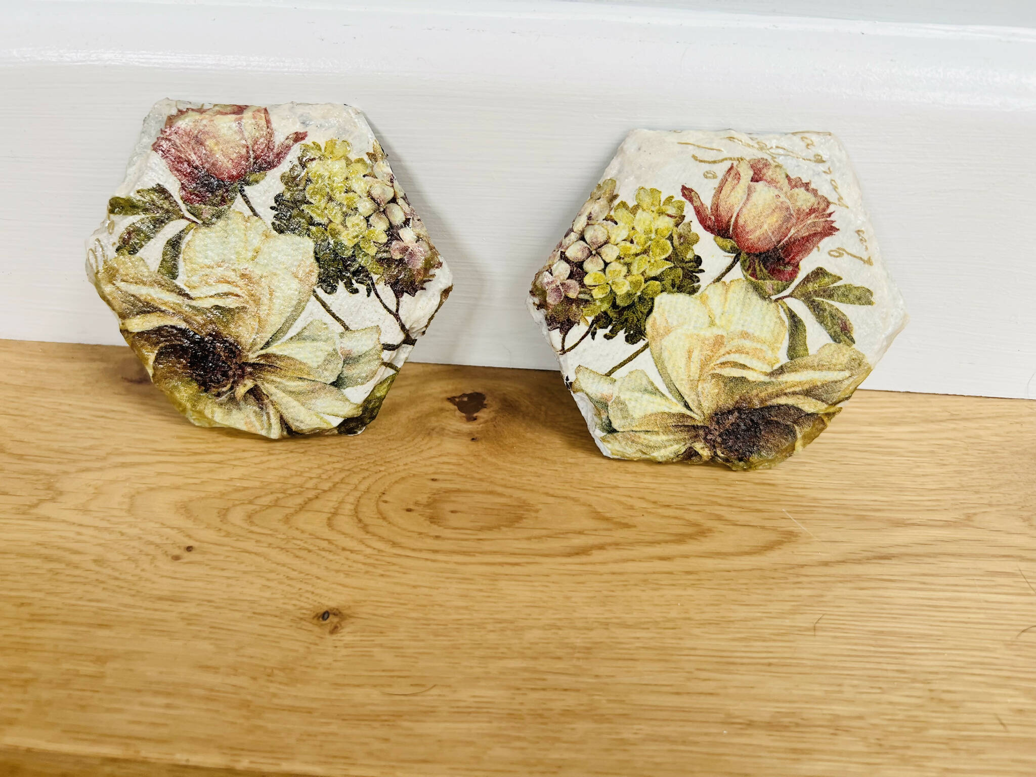 Floral decoupaged slate hexagonal coaster