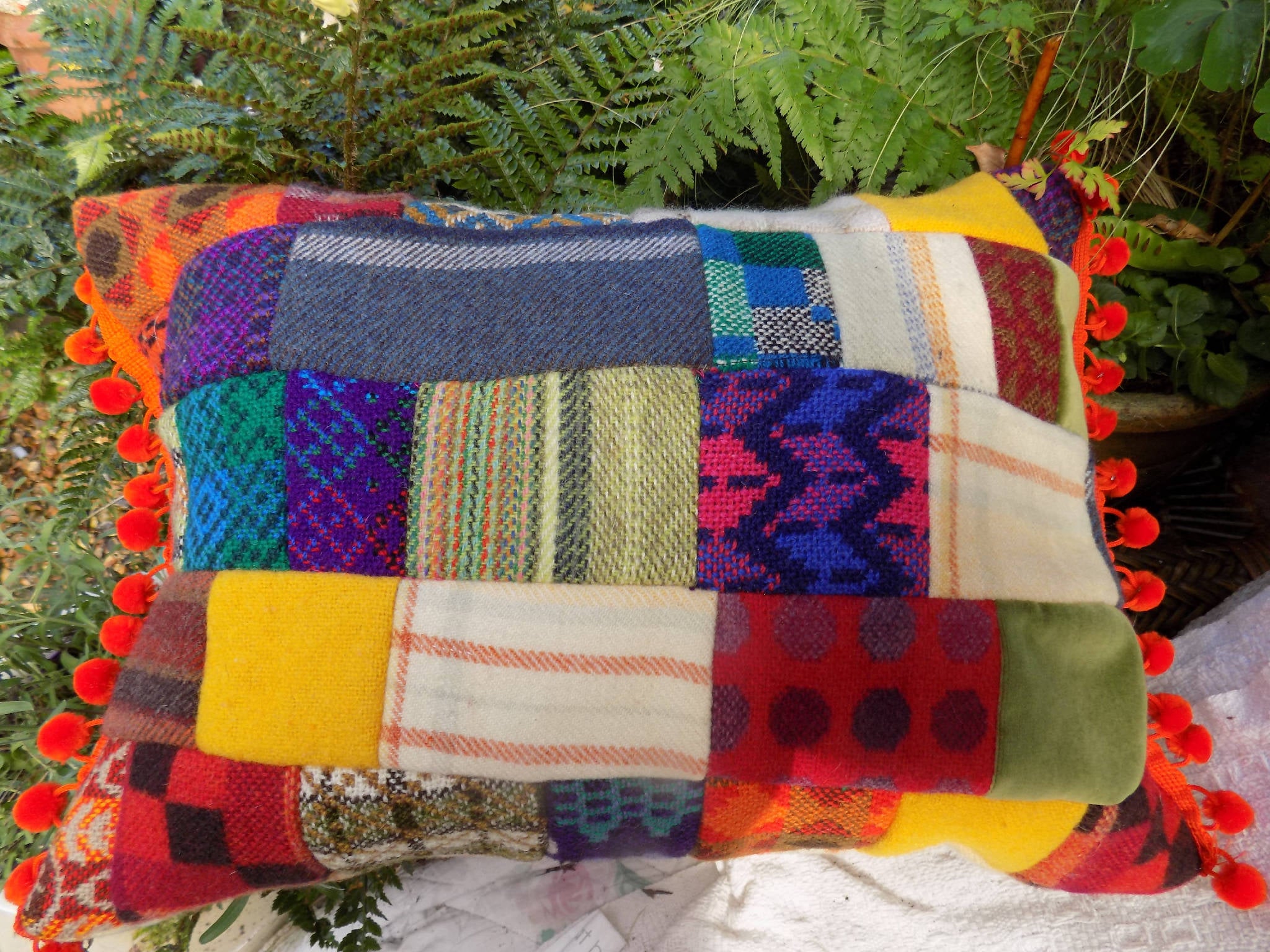 Hand made unique patchwork cushion created from reclaimed Welsh fabrics