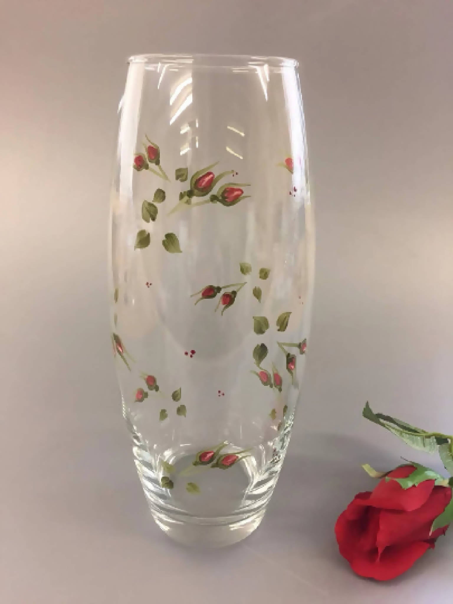 Hand Painted Large Barrel Vase Red Rosebud Design