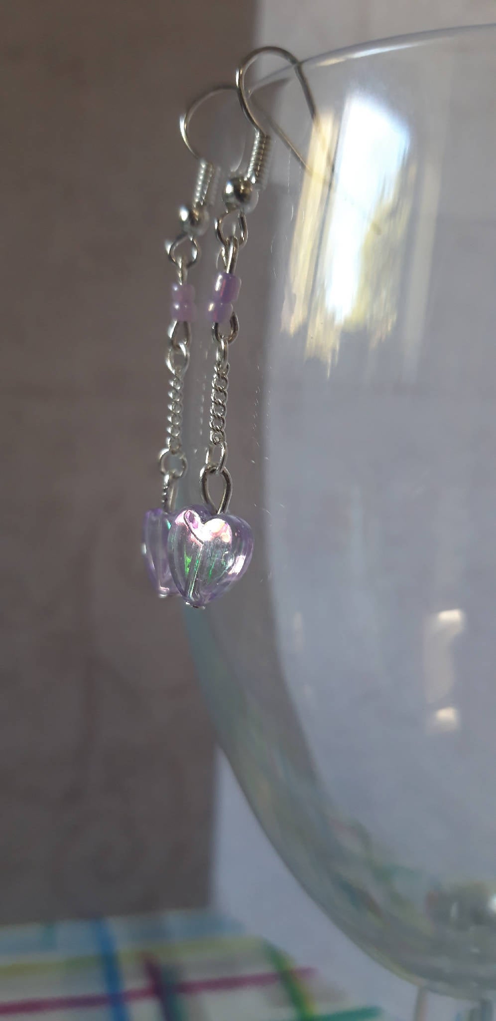 Purple heart and chain earrings