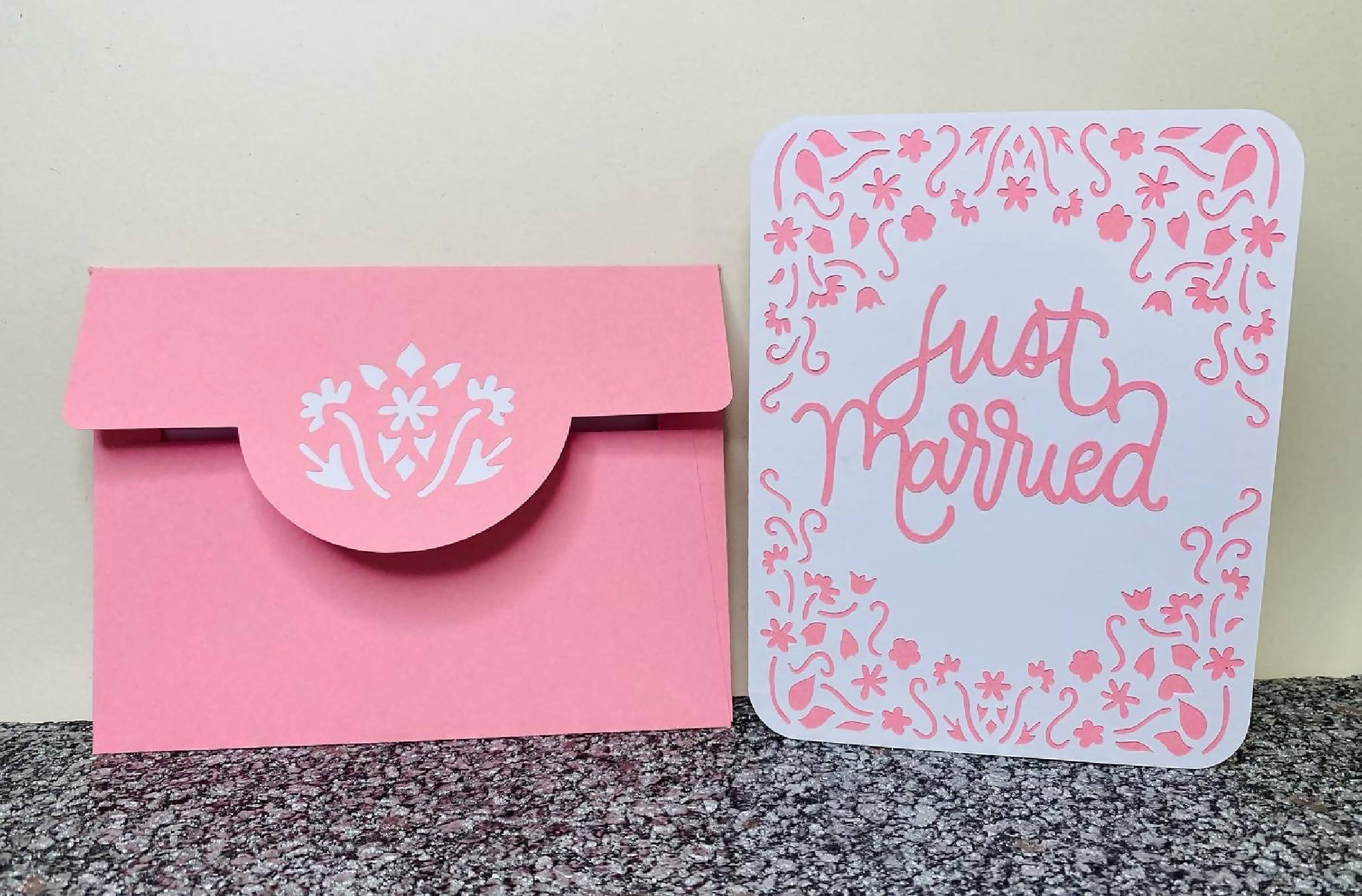 Pink Intricate just married card and envelope