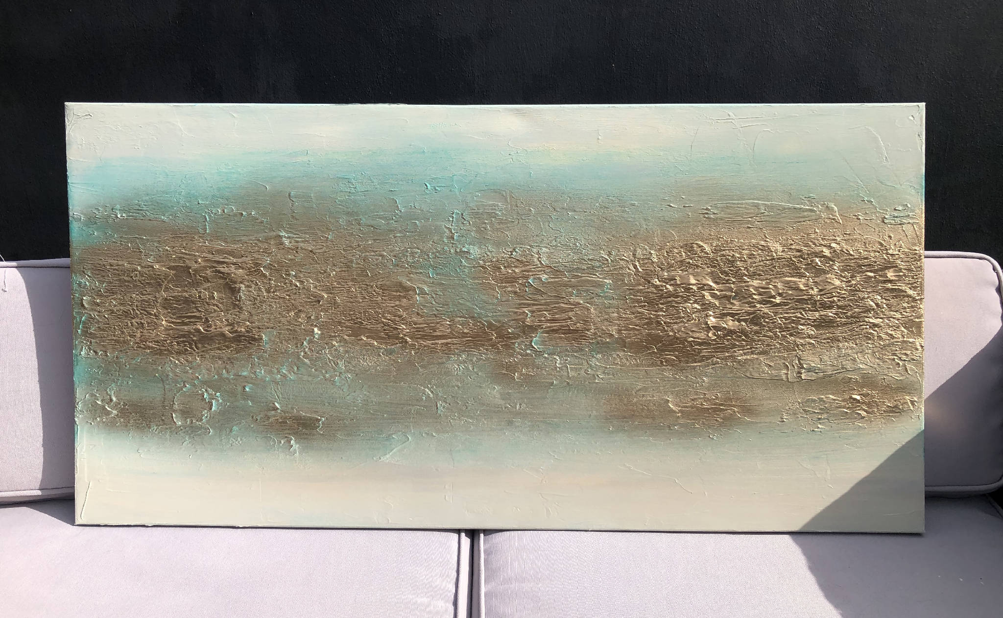 ELYSIUM - Beautiful and unique mixed media textured art canvas in shades of jade green, beige / soft grey and metallic gold (100x50x4cm)