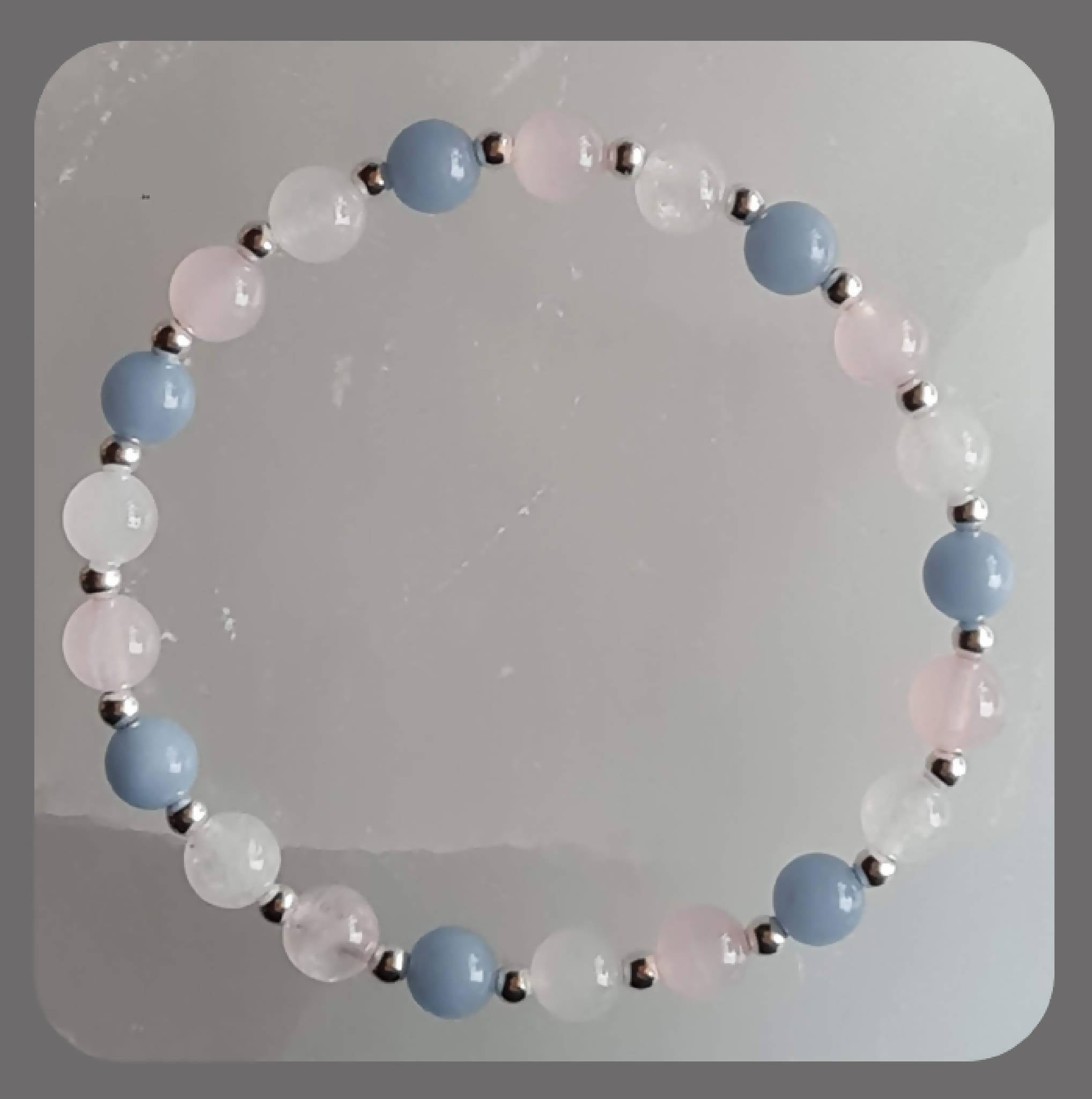 Rose Quartz, Angelite, White Jade and Sterling Silver Bracelet