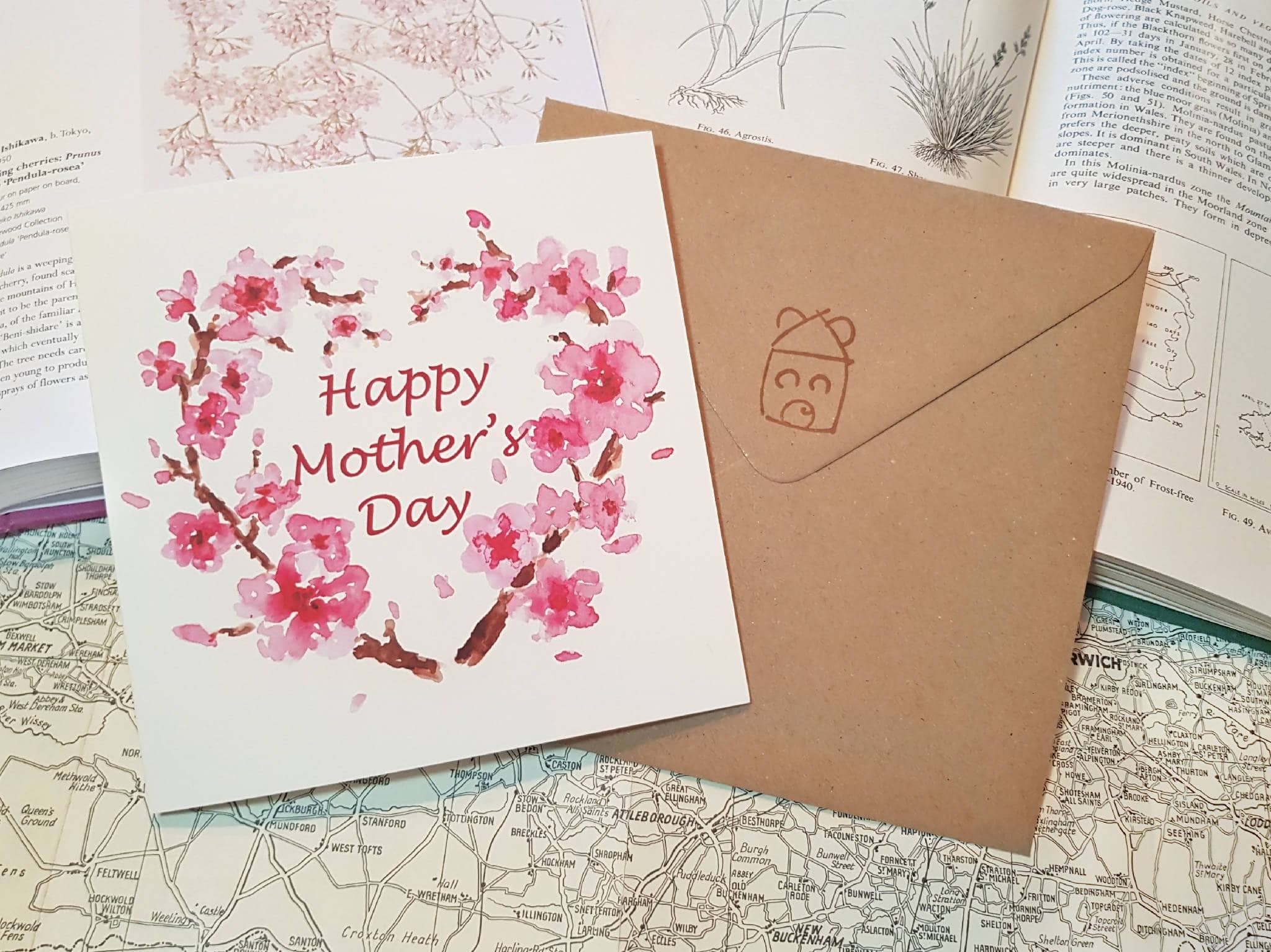 Mother's Day card of watercolour print of a cherry blossom heart