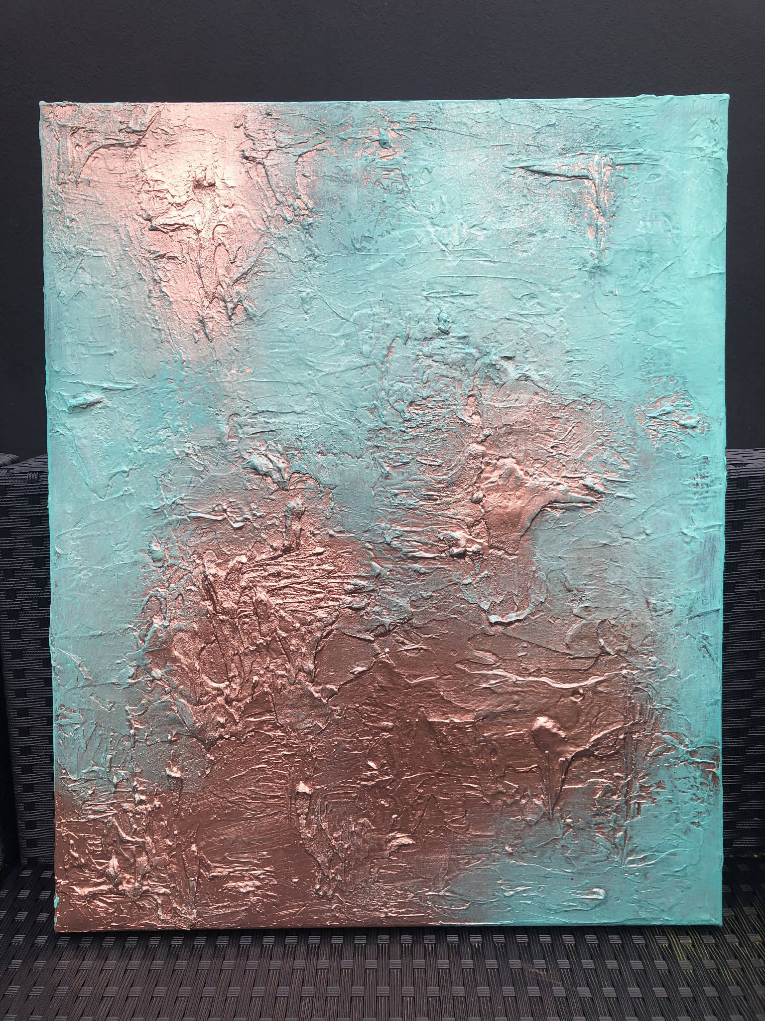 DELUXE PATINA - Pair of heavily textured copper patina canvases (97x56x4cm)