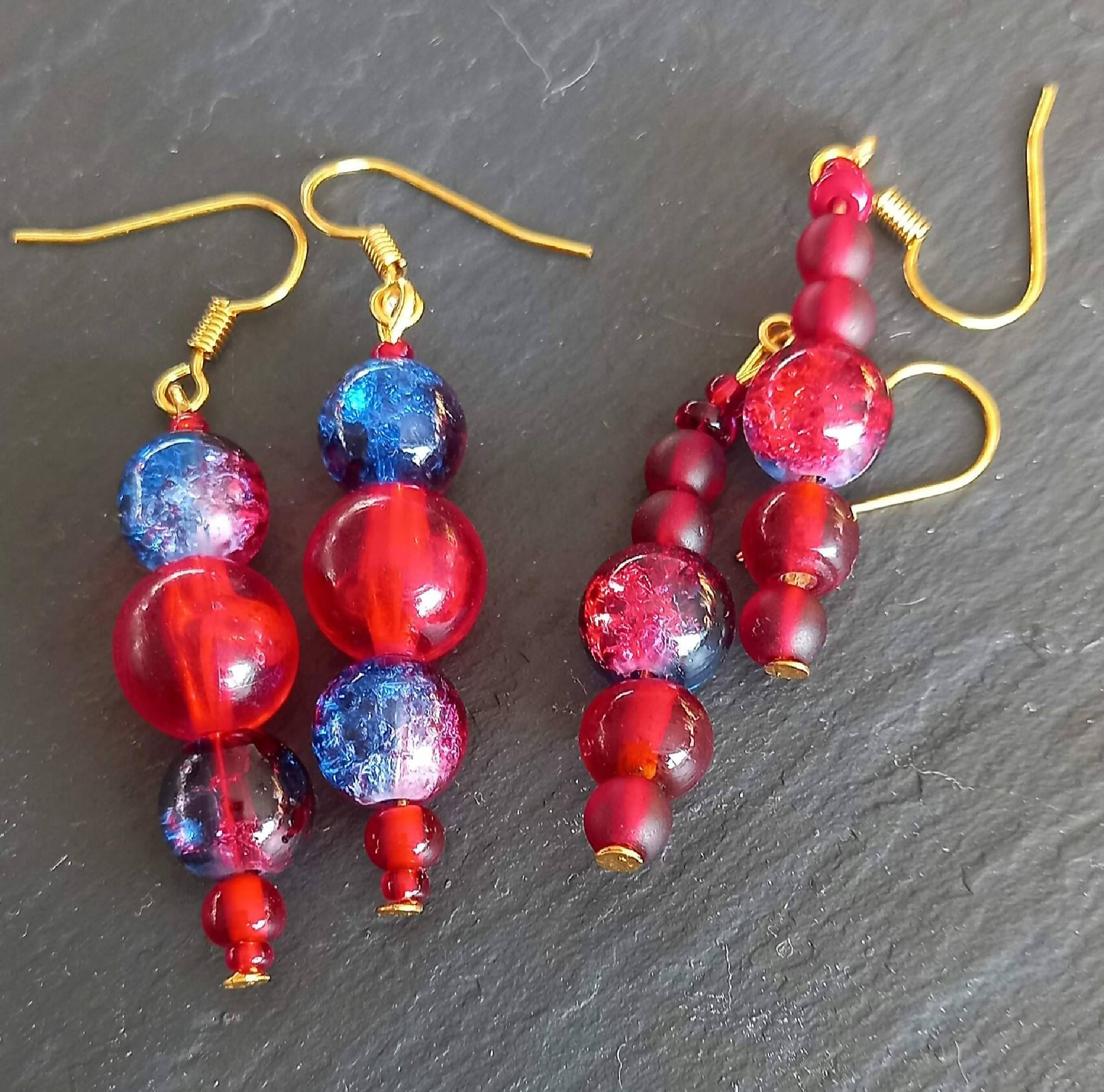 Earrings - Red Crackle Beads