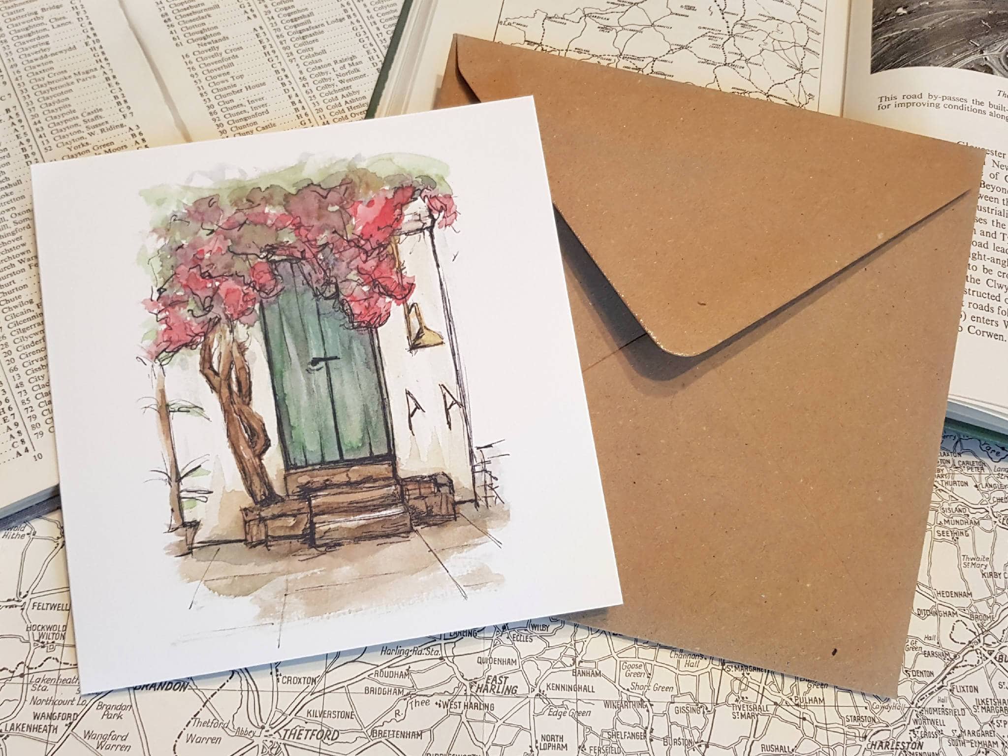 Greetings card of watercolour print of a green door