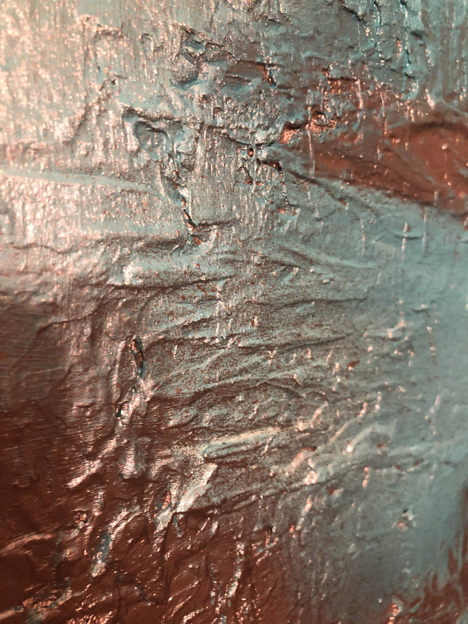 DELUXE PATINA - Pair of heavily textured copper patina canvases (97x56x4cm)