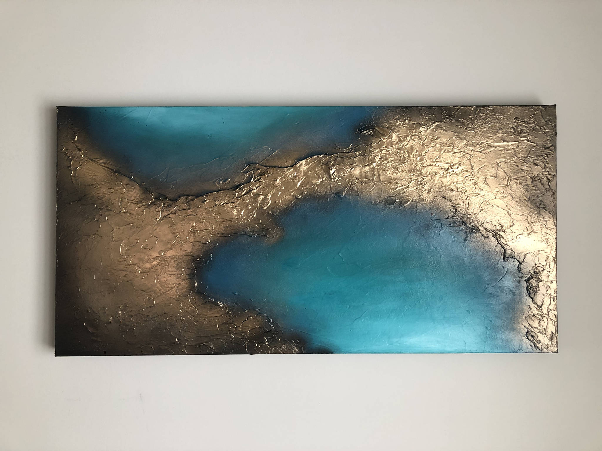 COASTAL BLISS - Striking gold and turquoise mixed media canvas (100x50x4cm)