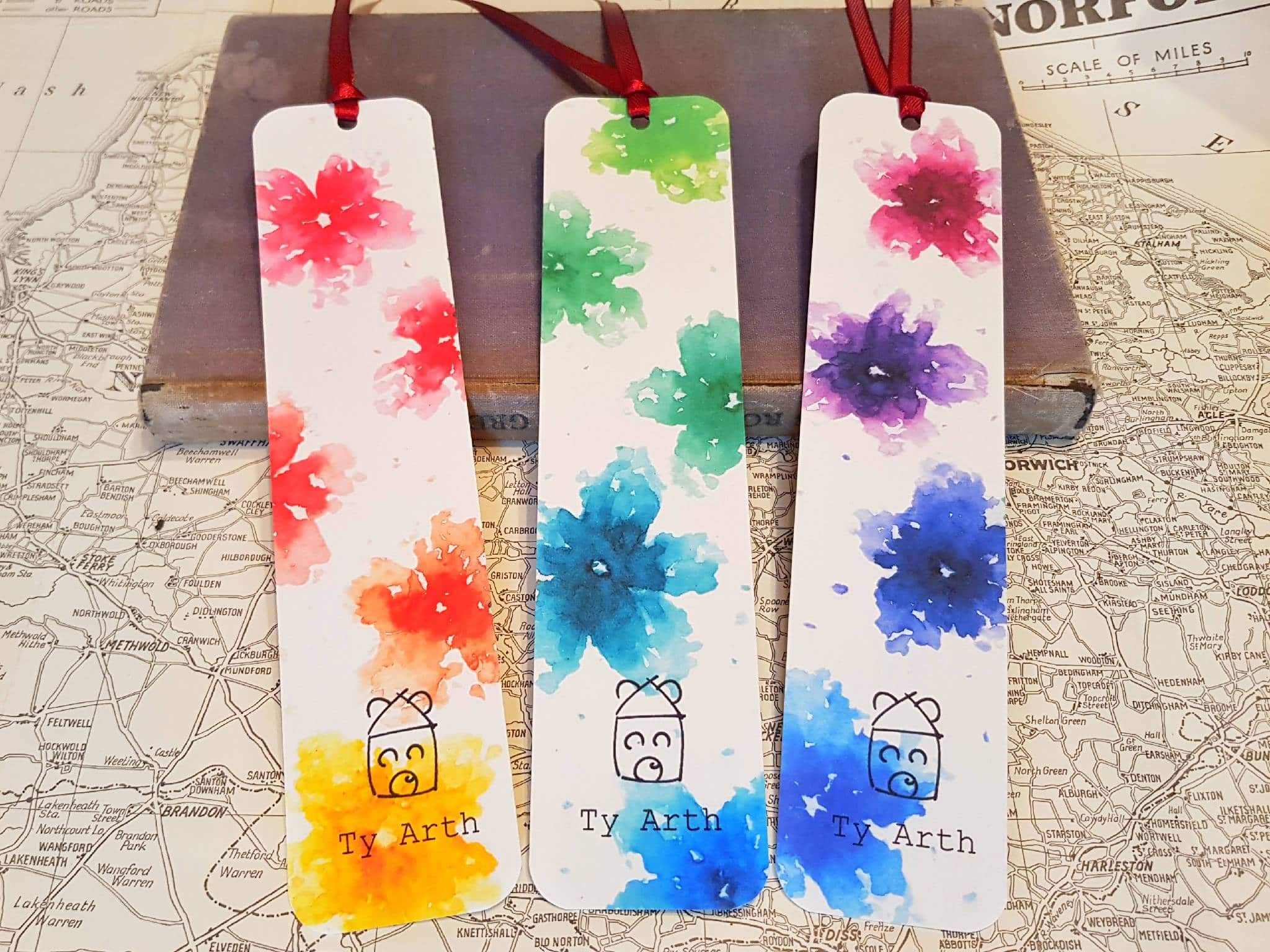 Hand-painted watercolour rainbow flowers bookmarks print (set of 3)