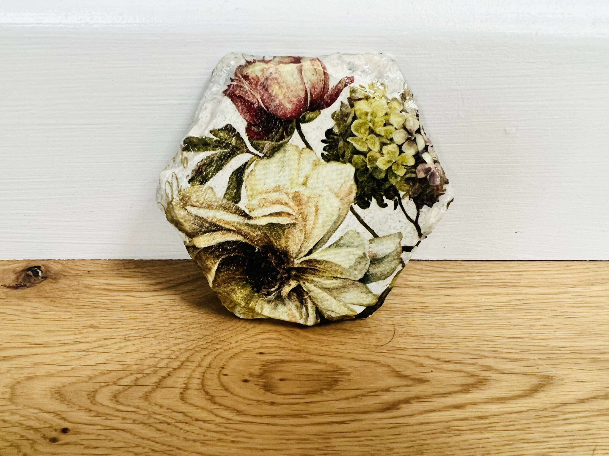 Floral decoupaged slate hexagonal coaster