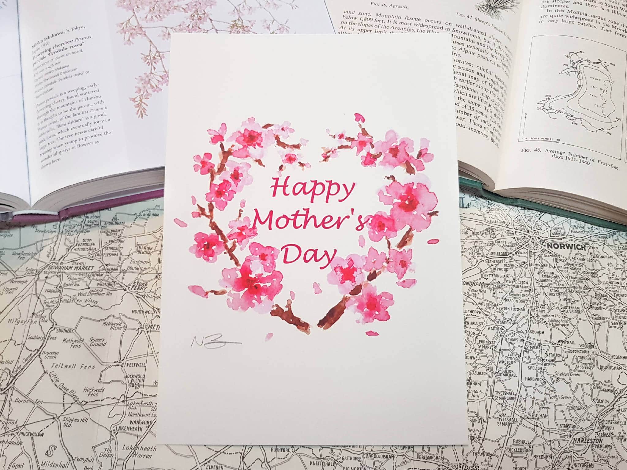 Hand-painted watercolour print of Mother's Day cherry blossom heart