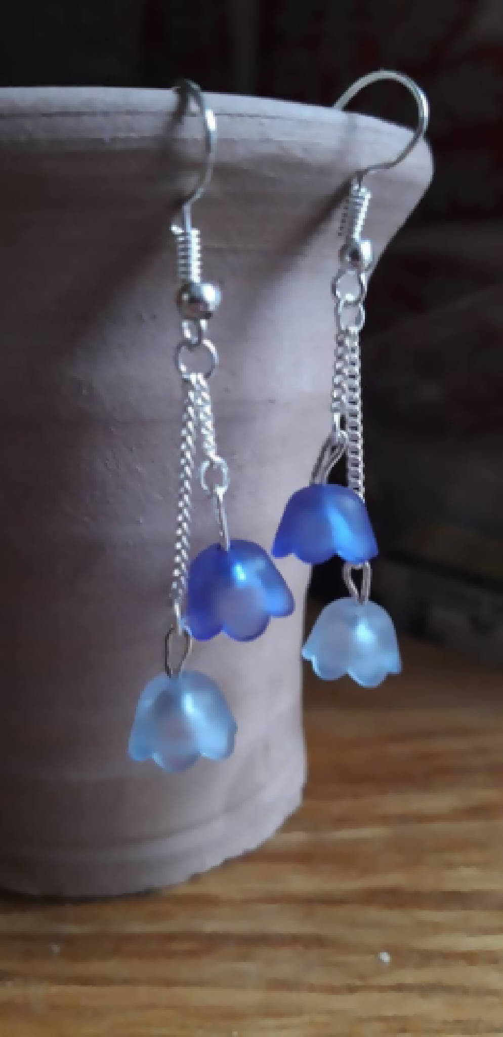 Two tone blue tulip and chain earrings