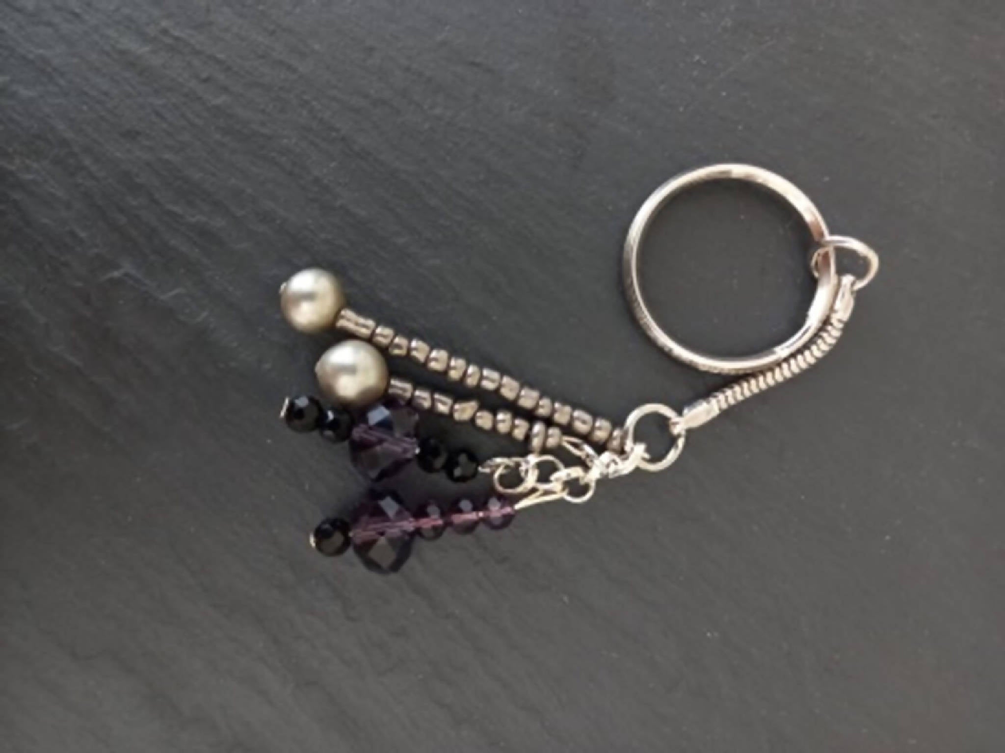 Keyring Handbag Charm with Purple and Silver Beads